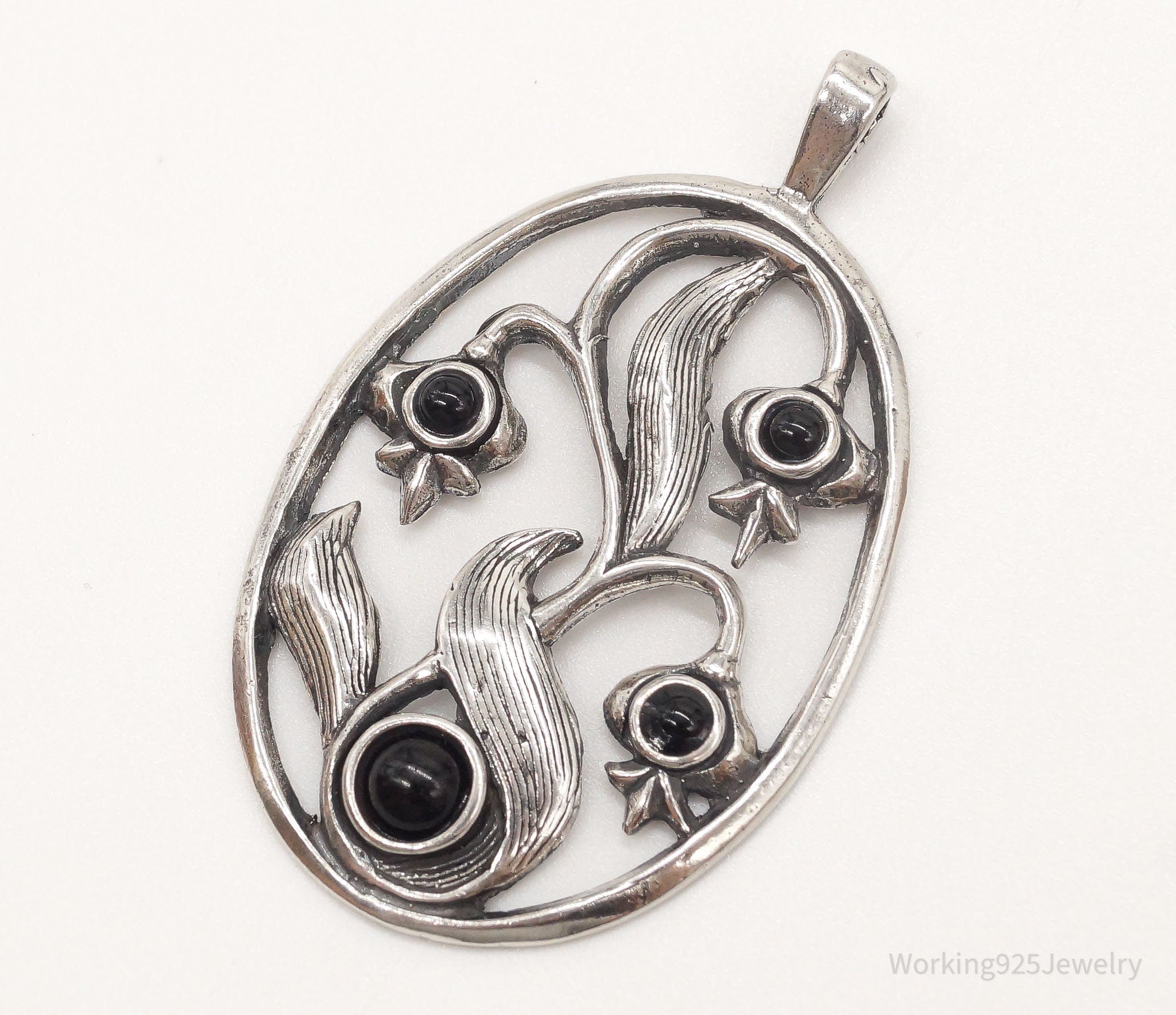 Large Vintage Black Onyx Floral Sterling Silver Pendant