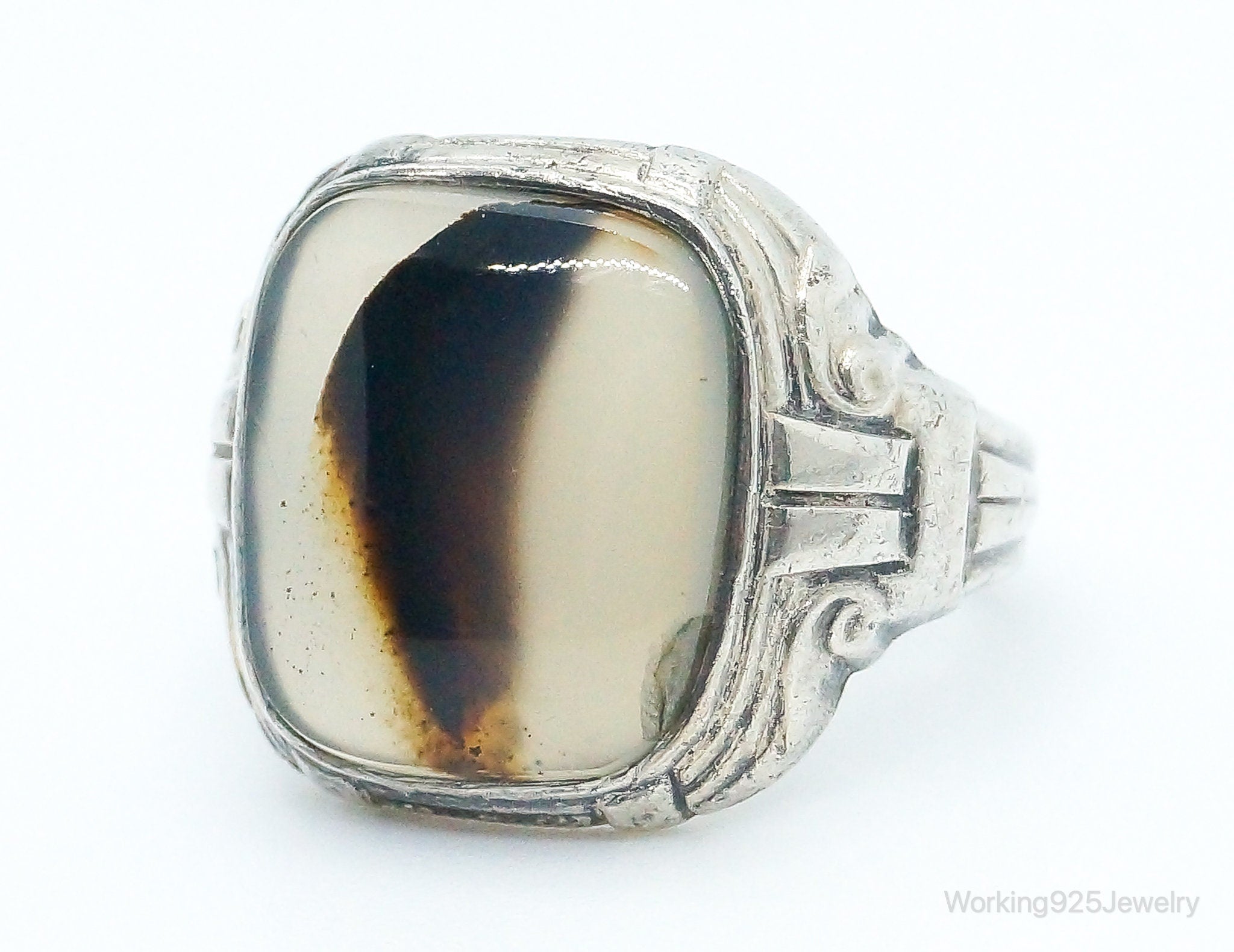 Antique Uncas MFG CO Moss Agate Sterling Silver Ring Size 6.25