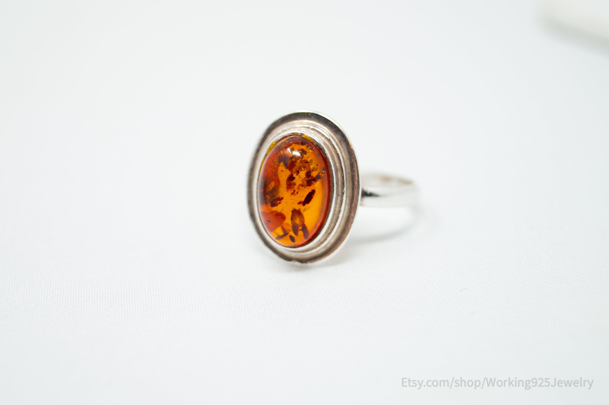 Vintage Amber Sterling Silver Statement Ring - Size 8.25