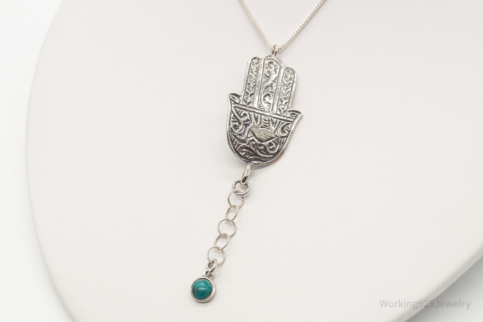 Vintage Israel Designer RL Hamsa Hand Turquoise Sterling Silver Necklace