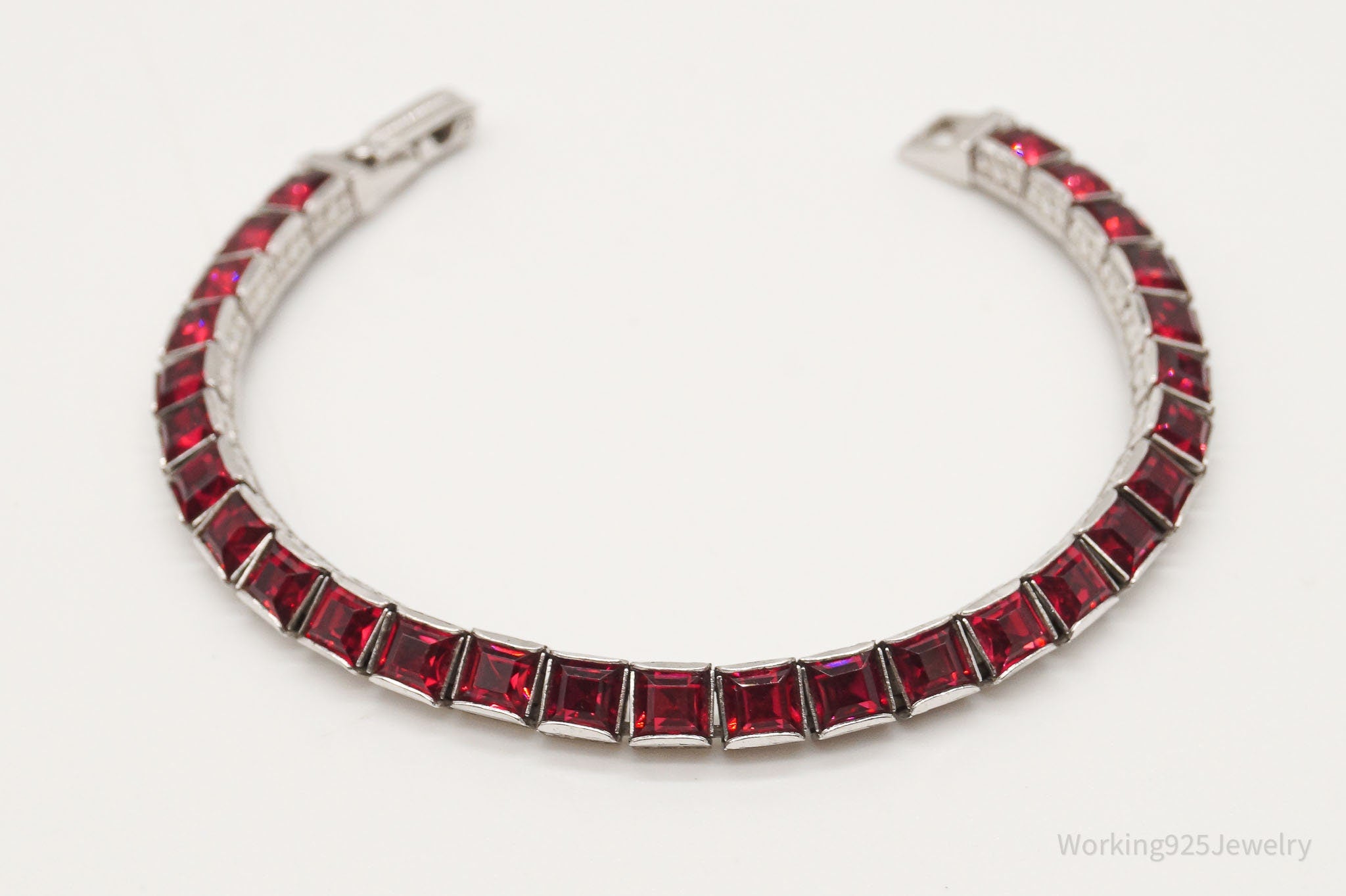 Antique Art Deco Channel Set Red Rhinestone Sterling Silver Bracelet