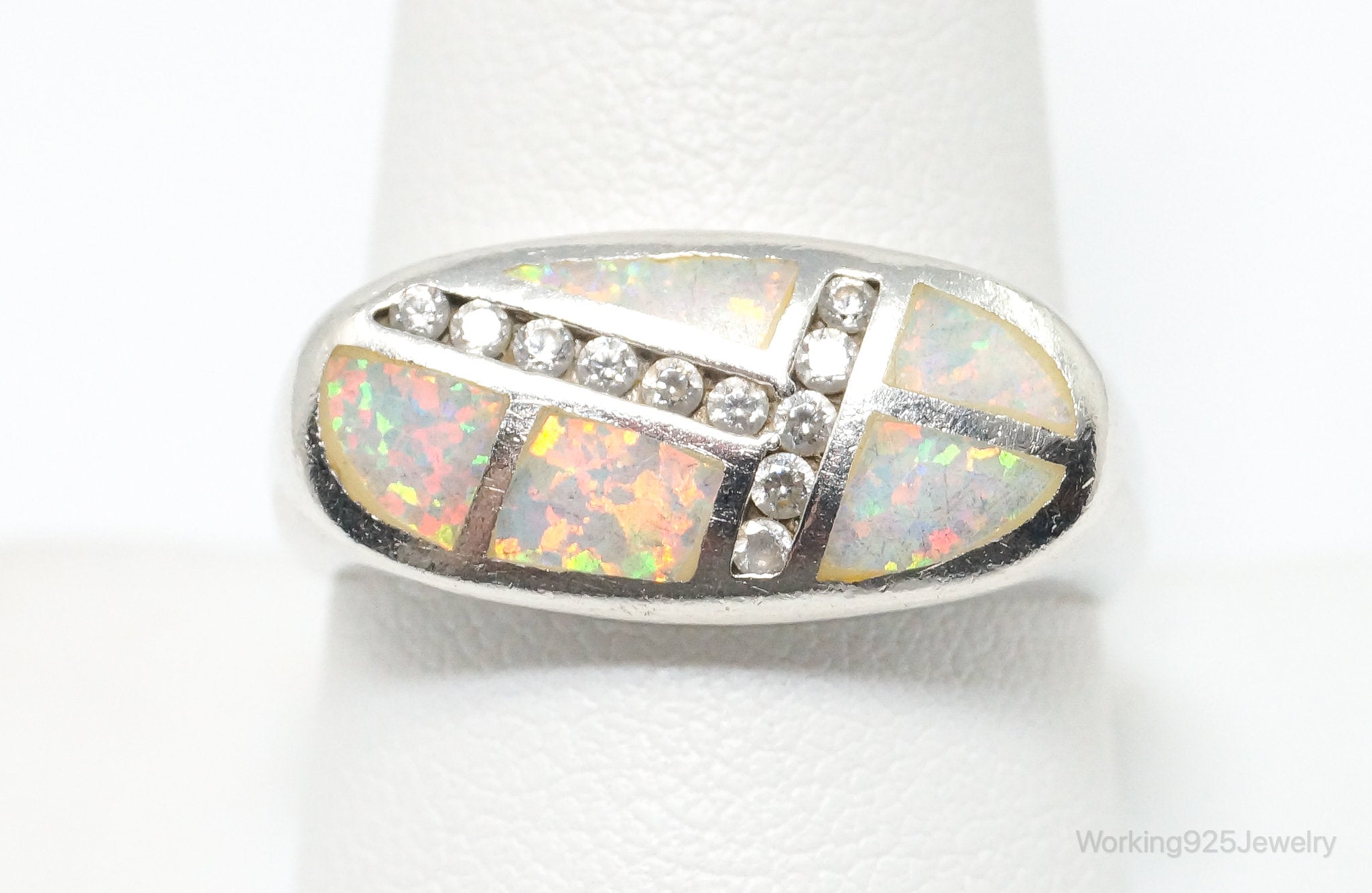 Vintage Art Deco Style Opal CZ Accented Sterling Silver Ring - Size 9.75