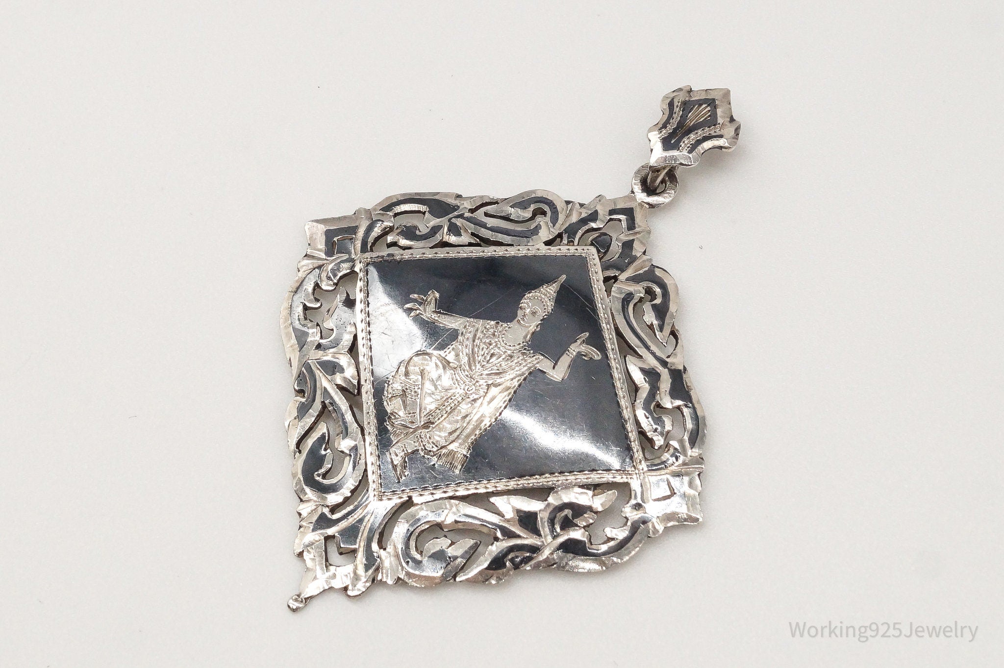 Large Vintage Black Enamel Lightening Dancers Sterling Silver Pendant