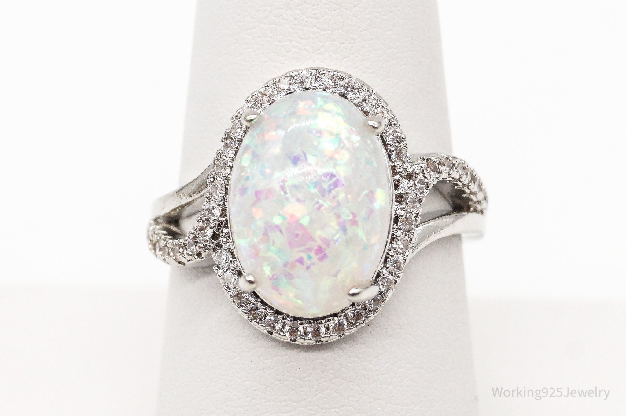 Vintage Faux Opal Cubic Zirconia Sterling Silver Ring - Size 7.75