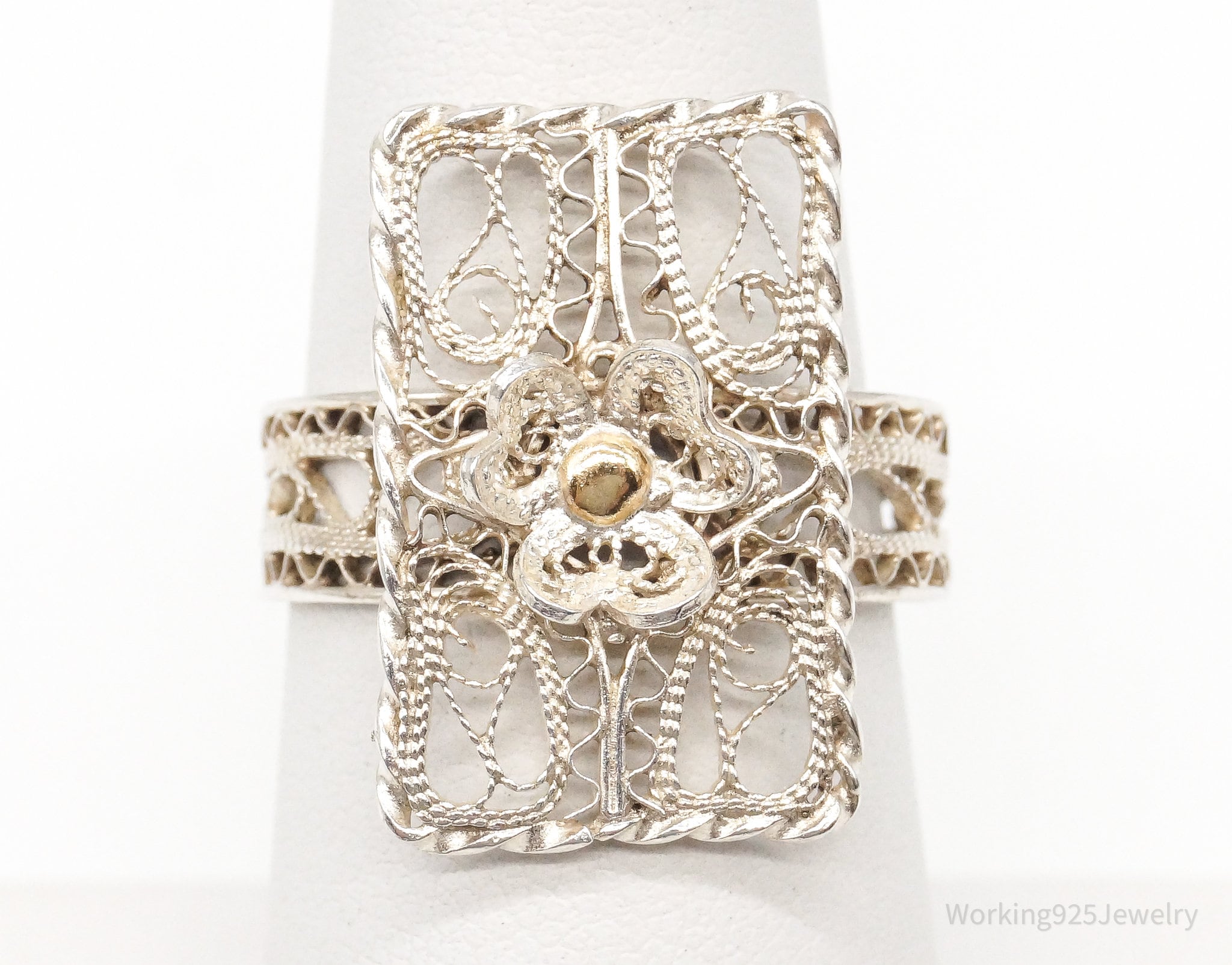 Vintage Intricate Filigree Gold Vermeil Dot Silver Ring - Size 6.75 Adjustable