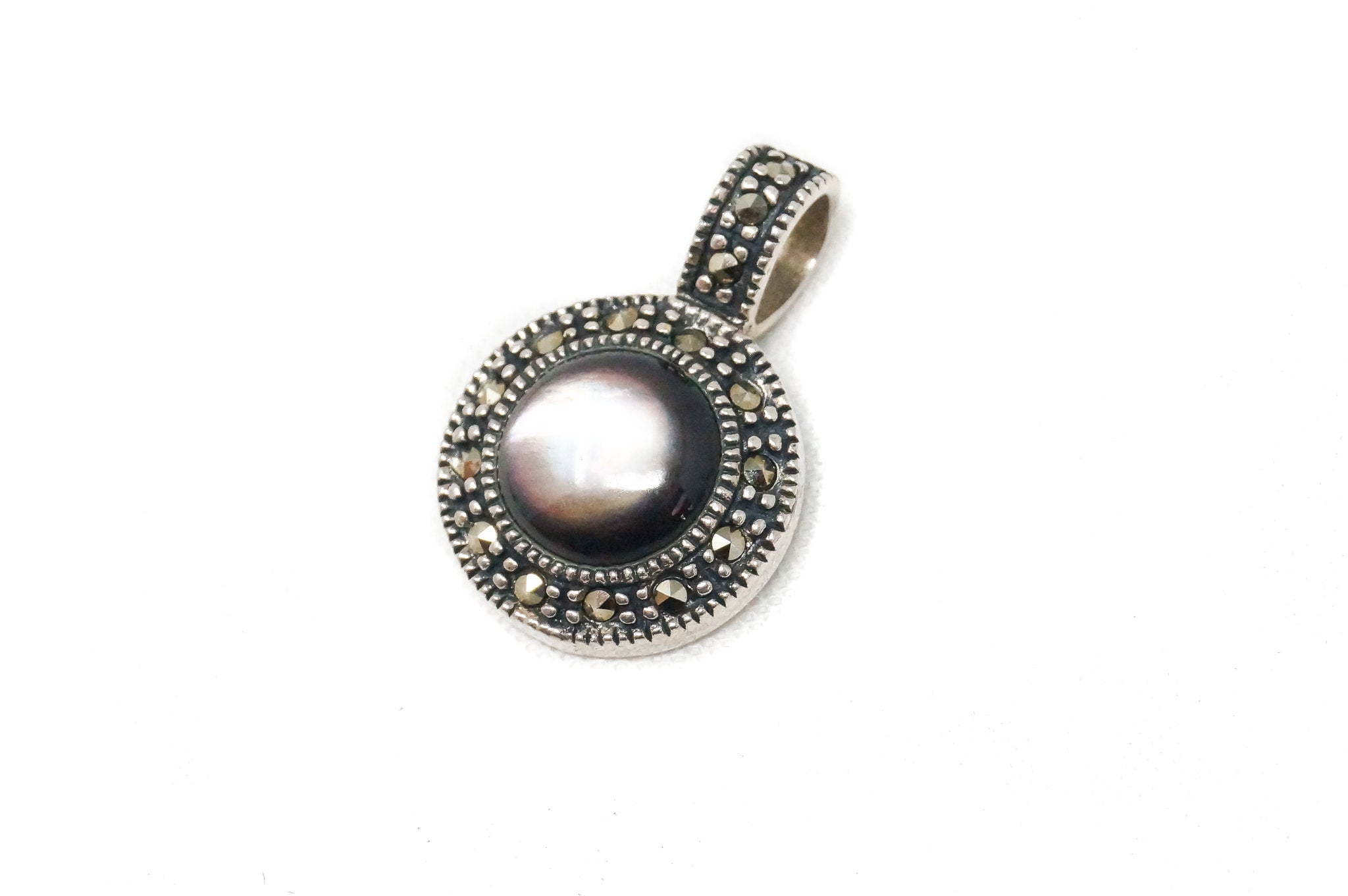 Vintage Art Deco Black Mother Of Pearl Marcasite Sterling Silver Pendant