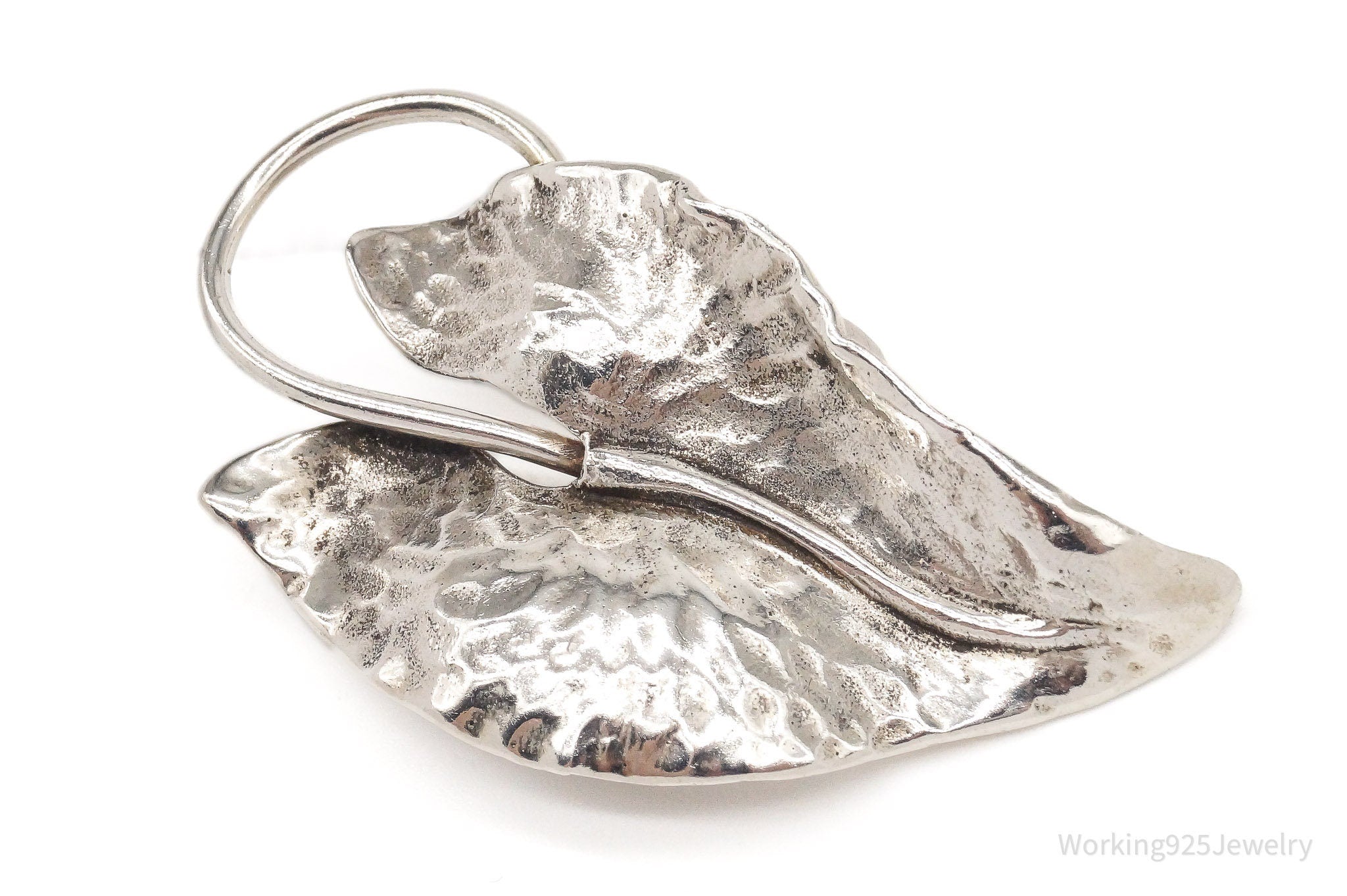 Large Antique Sterling Silver Leaf Pin Brooch