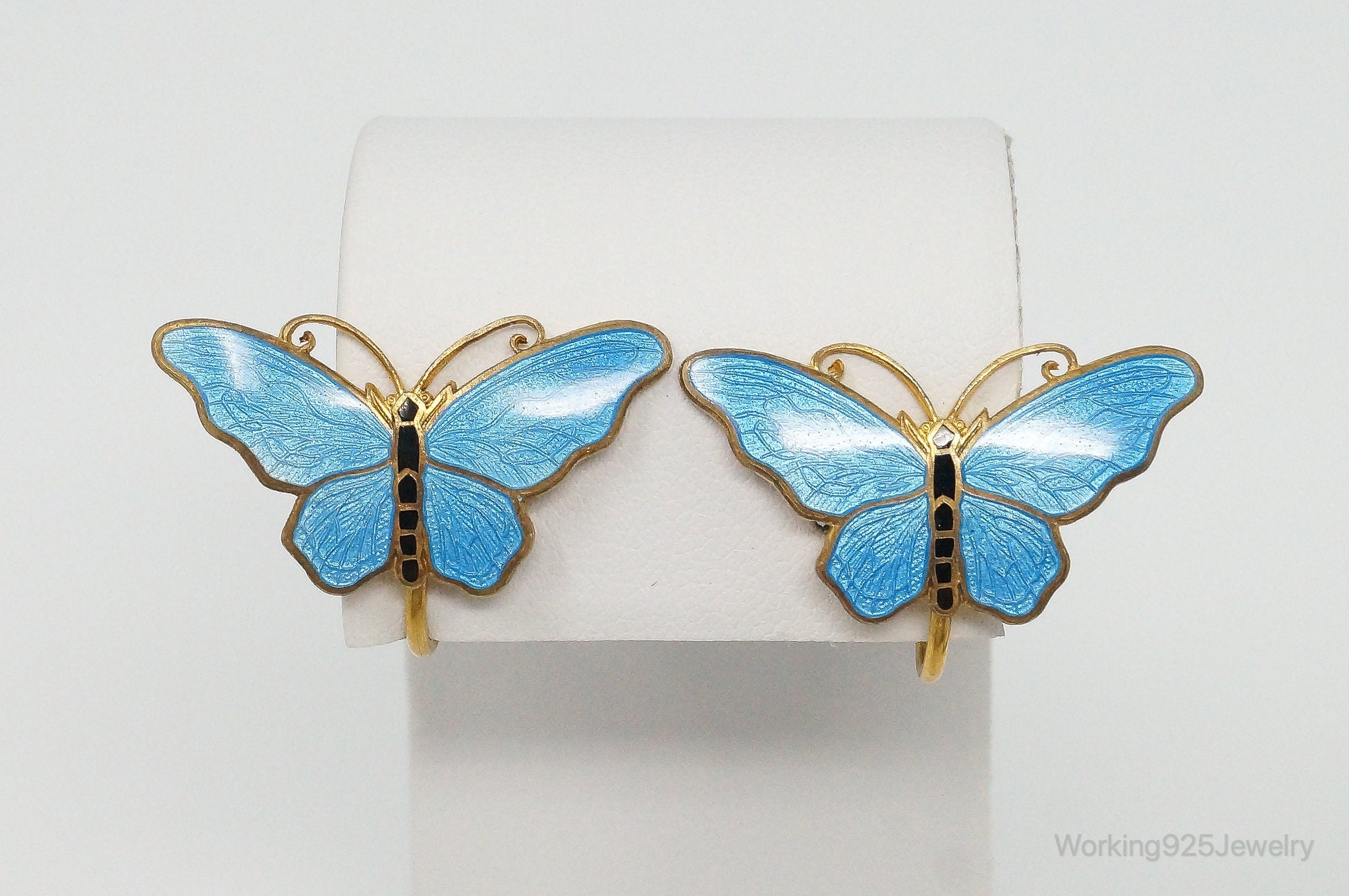 Vintage Blue Enamel Butterflies Gold Vermeil Silver Screw Back Earrings