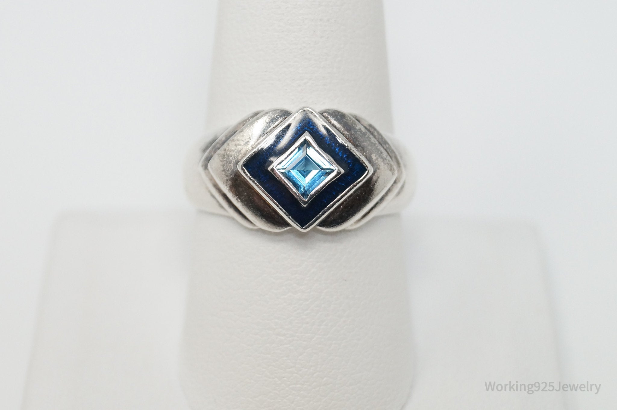 Vintage Designer CNA Blue Topaz Enamel Sterling Silver Ring - SZ 9