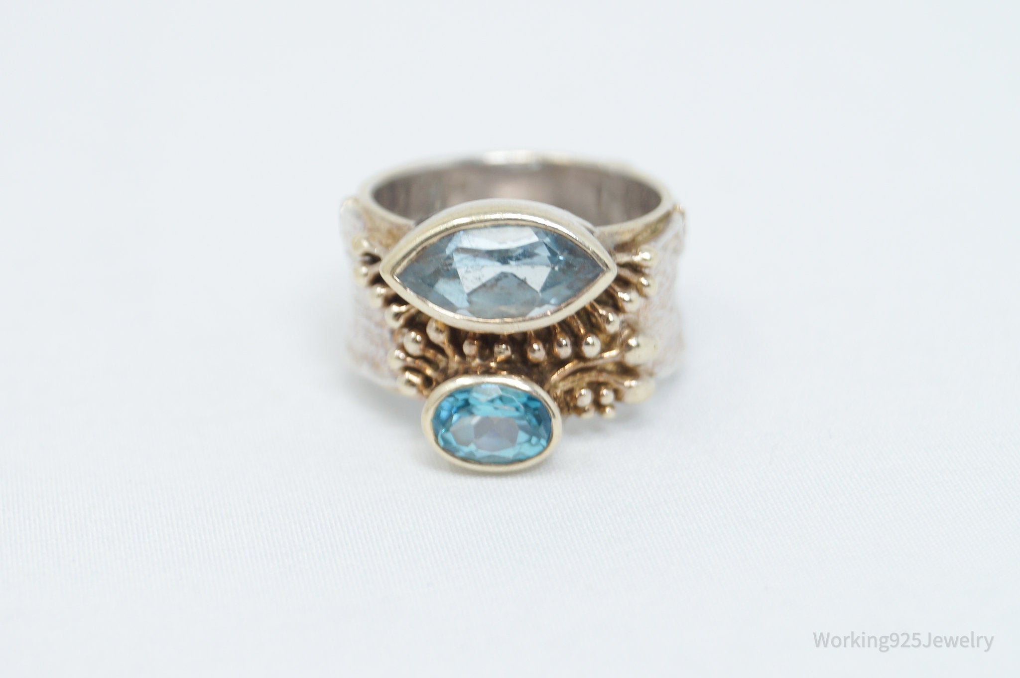 Vintage Designer Blue Topaz Sterling Silver Gold Wash Two Tone Ring - Size 6.5