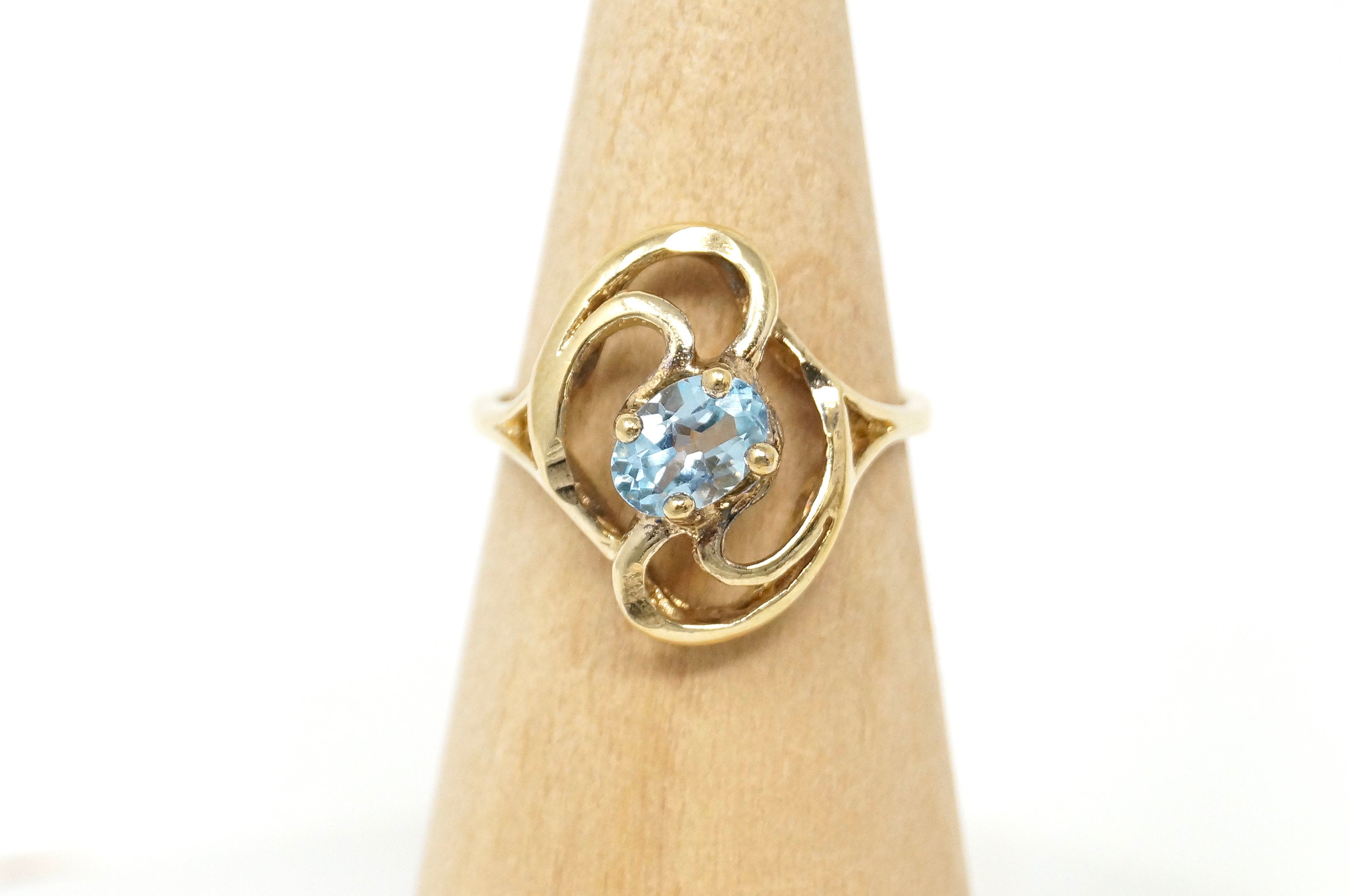 Vintage Art Deco Style Blue Topaz Gold Vermeil Sterling Silver Ring - Size 7.5