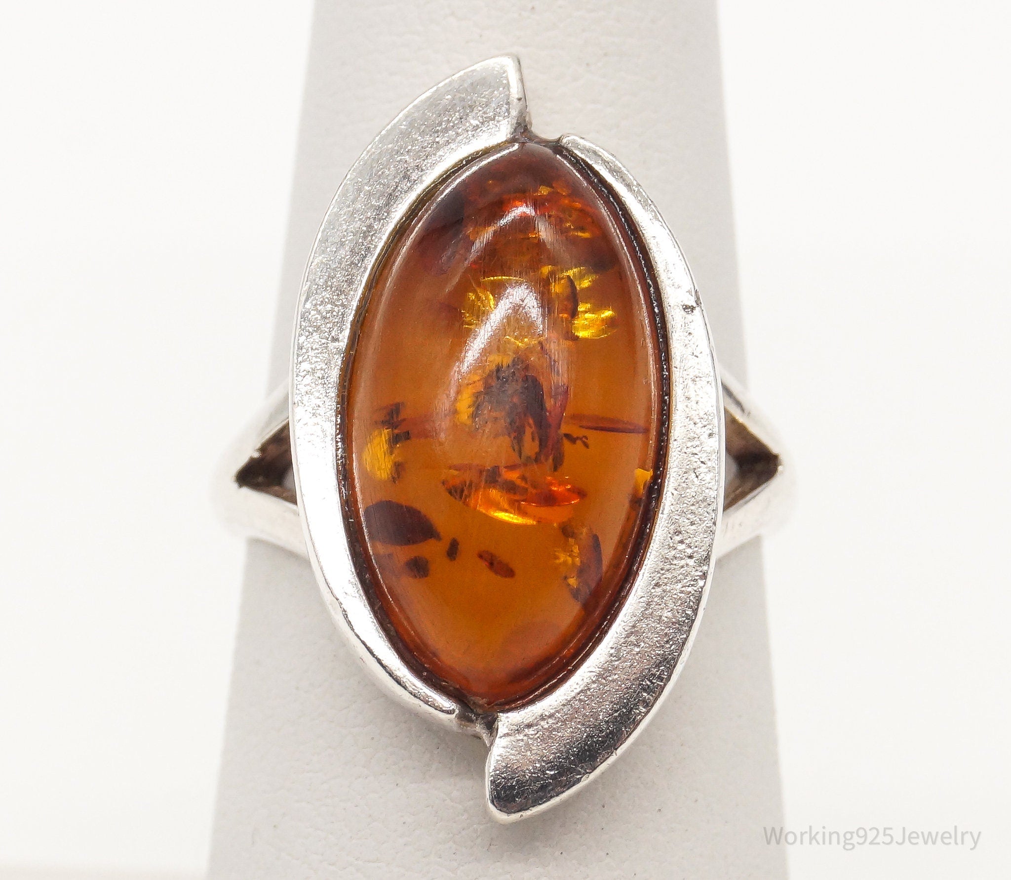 Vintage Baltic Amber Modernist Sterling Silver Ring - Size 6.25