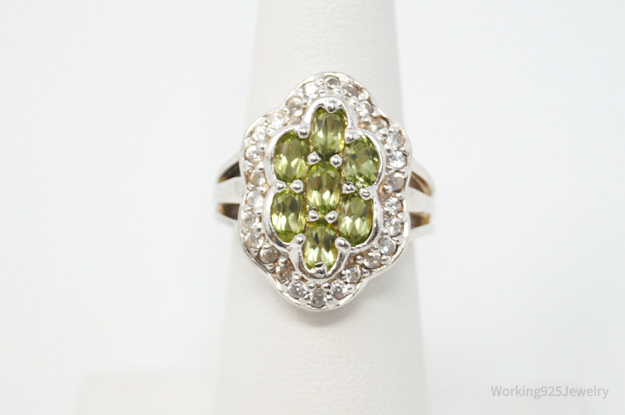 Vintage Green Peridot CZ Sterling Silver Statement Ring - Size 6.25