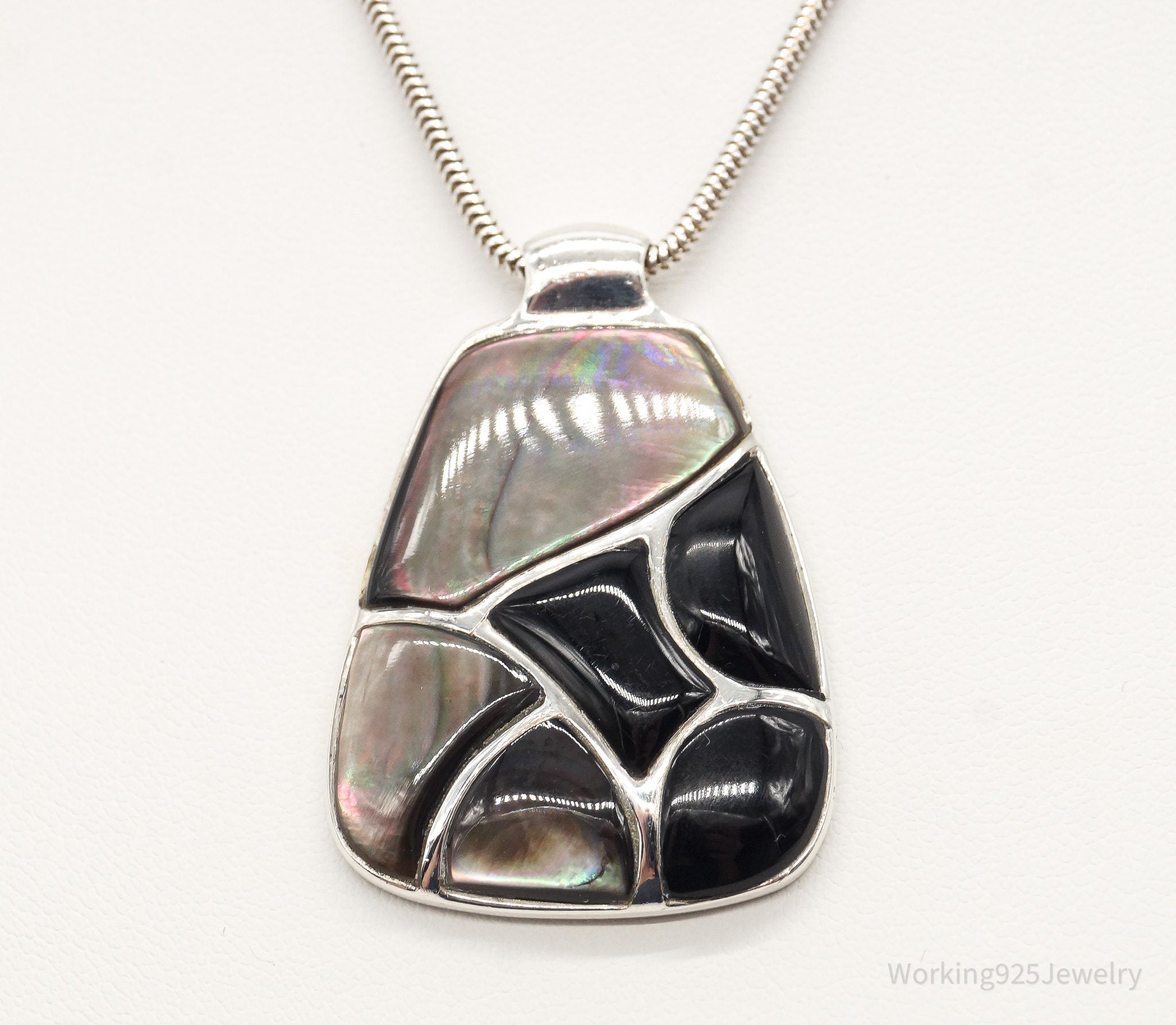 Vintage Black Onyx Paua Abalone Shell Sterling Silver Necklace