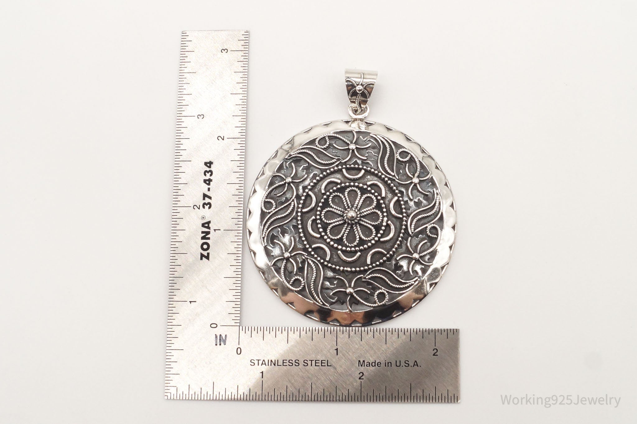 Large India Designer Doug Paulus Ornate Flower Sterling Silver Pendant