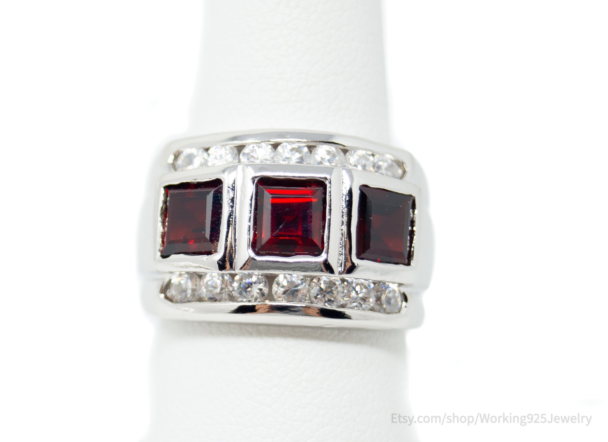 Vintage Art Deco Style Red Garnet CZ Sterling Silver Ring Size 6.75