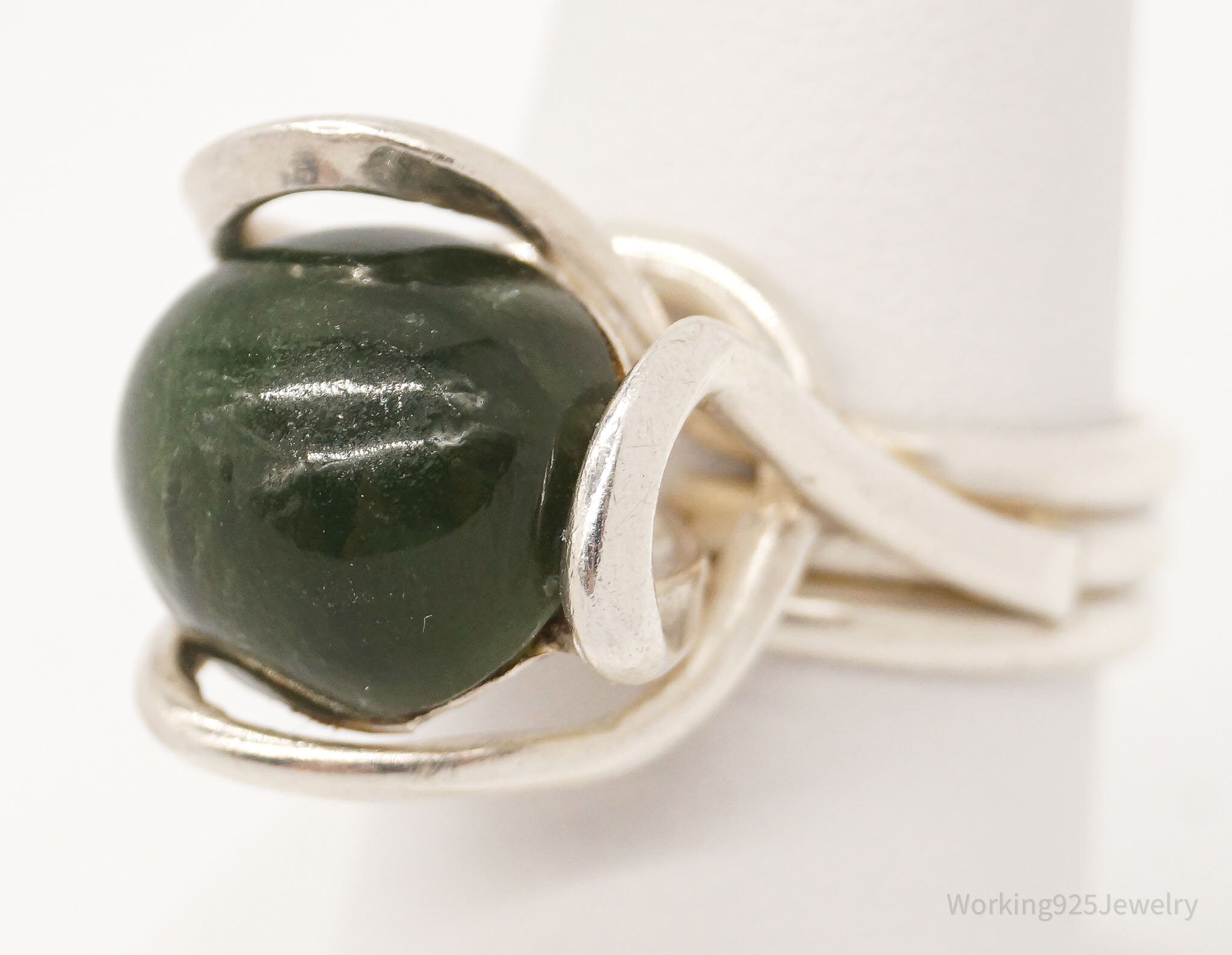 Vintage Green Emerald Modernist Silver Ring - Size 6.75