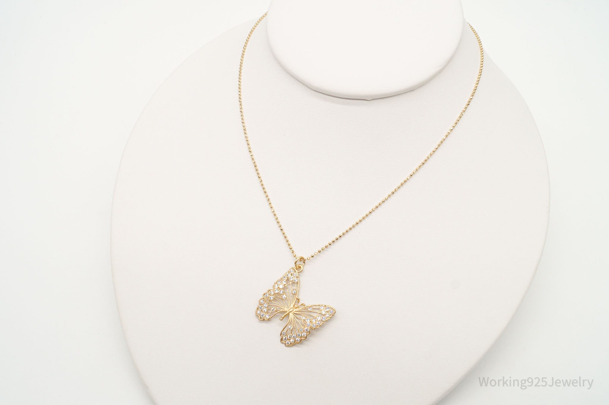 Large Vintage Butterfly Cubic Zirconia Gold Vermeil Sterling Silver Necklace