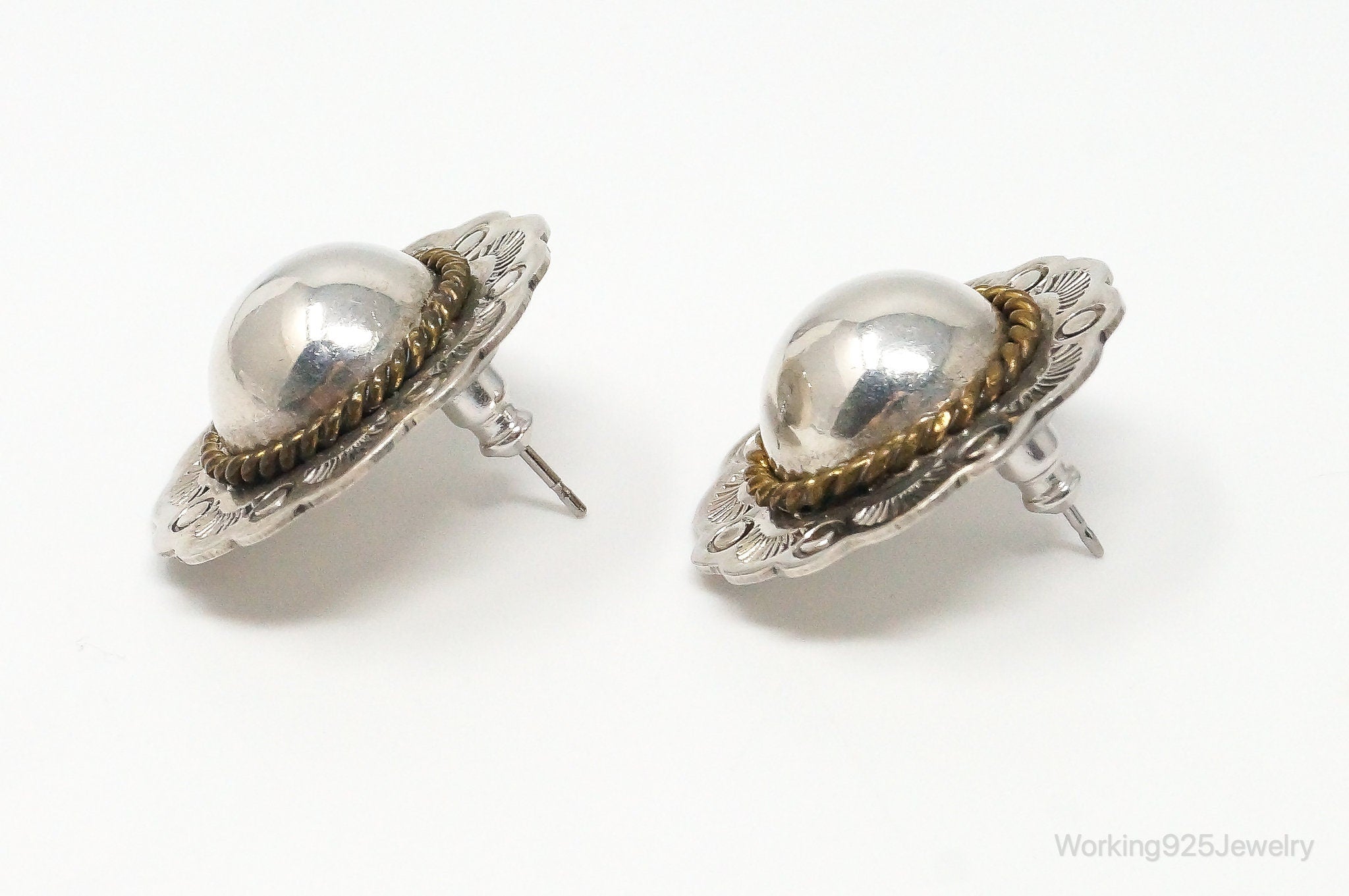 Vintage Handmade Mexico Sterling Silver Brass Stud Earrings