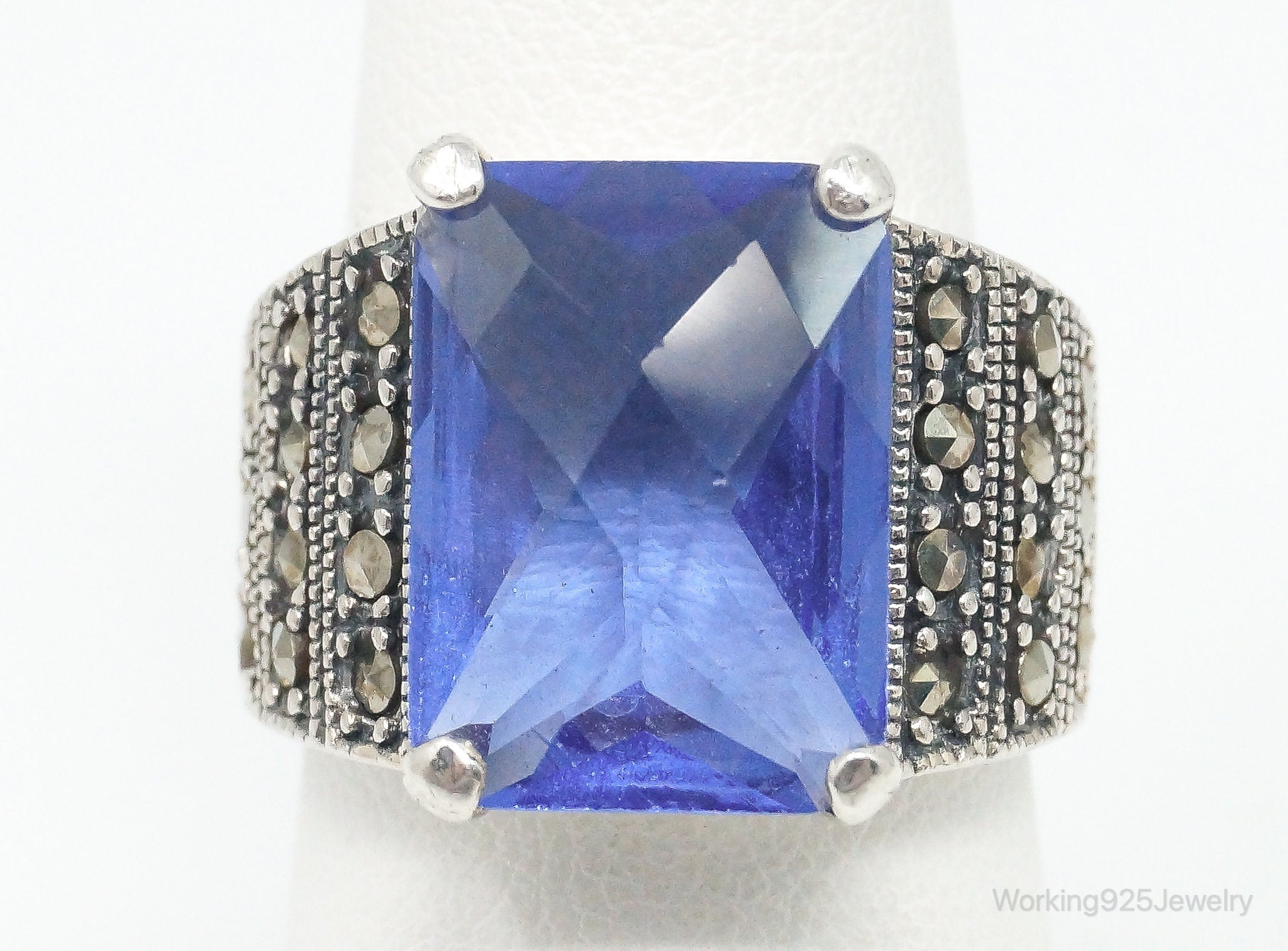 Vintage Large Blue Topaz Marcasite Accented Ring Sterling Silver - Size 7