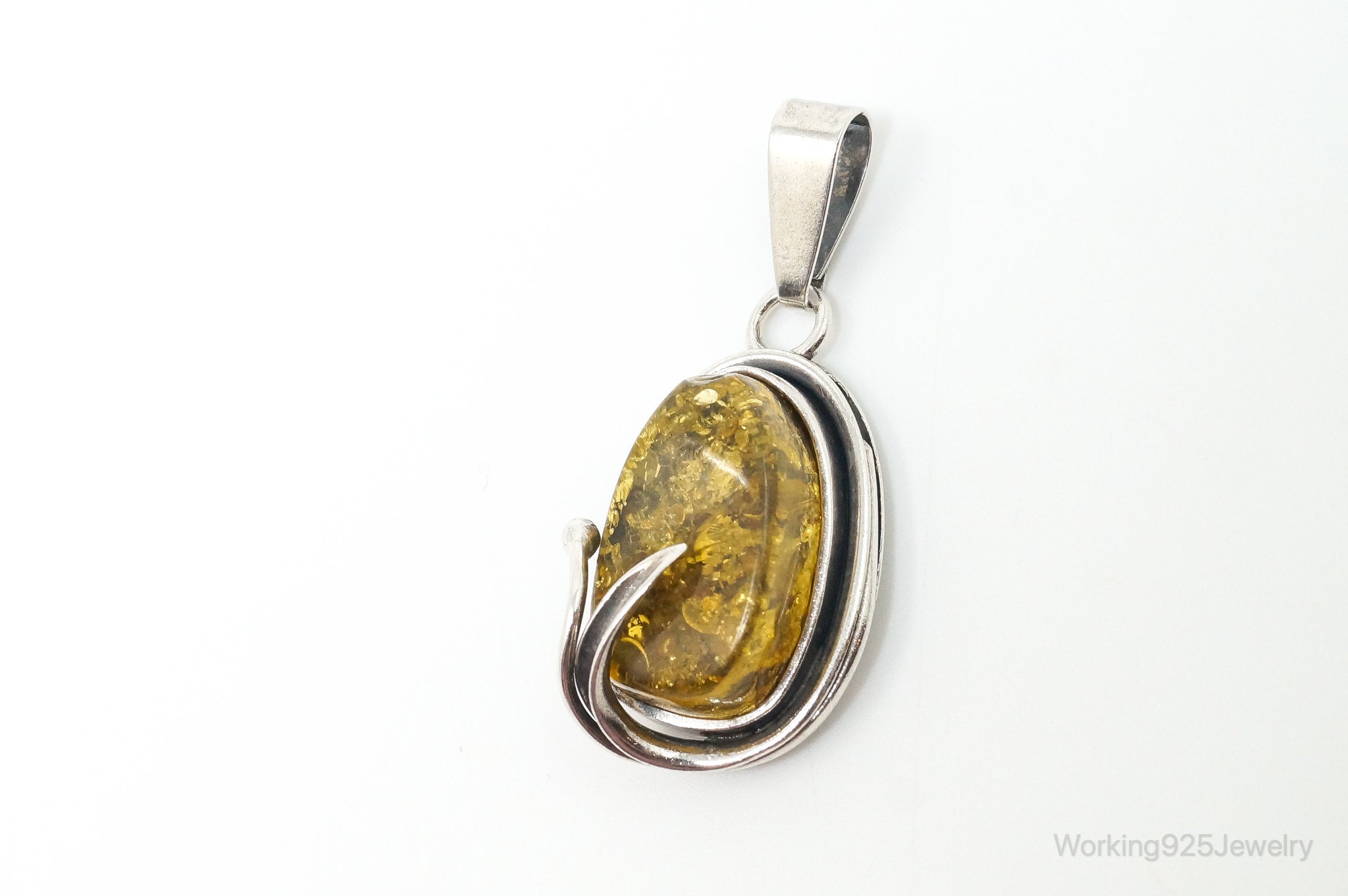 Vintage Honey Amber Modernist Sterling Silver Necklace Pendant