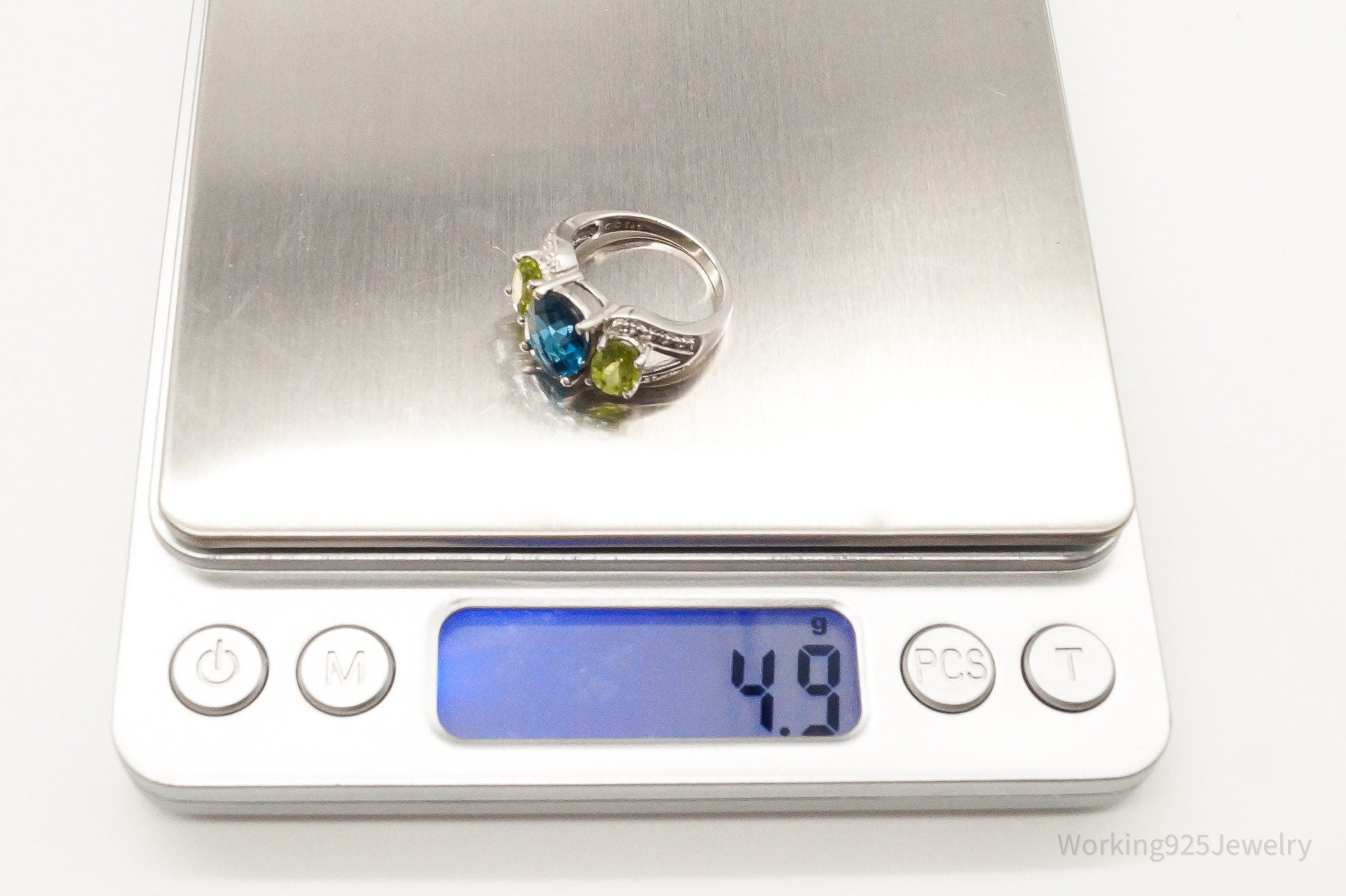 Designer CID Blue Topaz Peridot Cubic Zirconia Sterling Silver Ring - Size 6.25