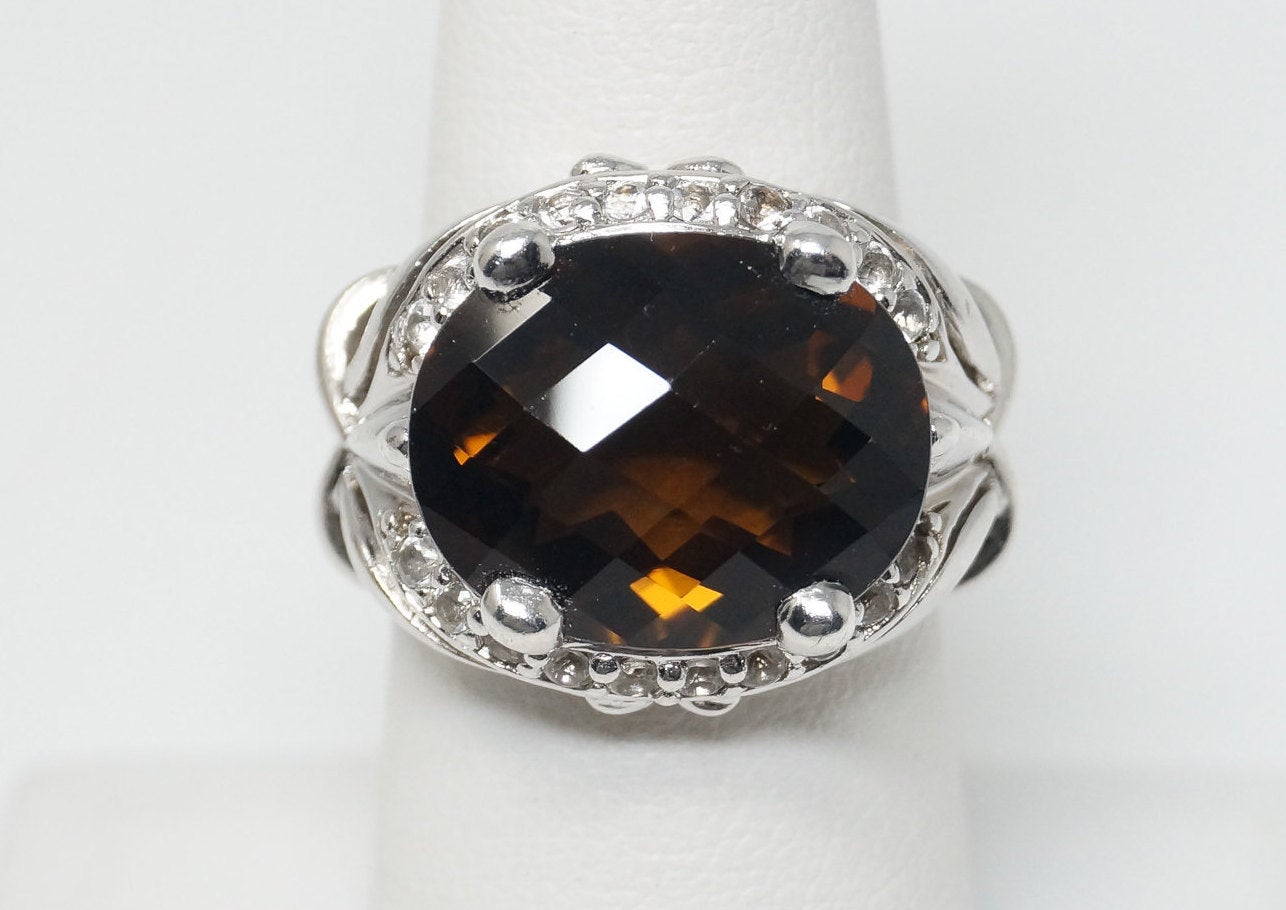 Vintage Designer Smoky Topaz CZ Sterling Silver Ring - Sz 6.75