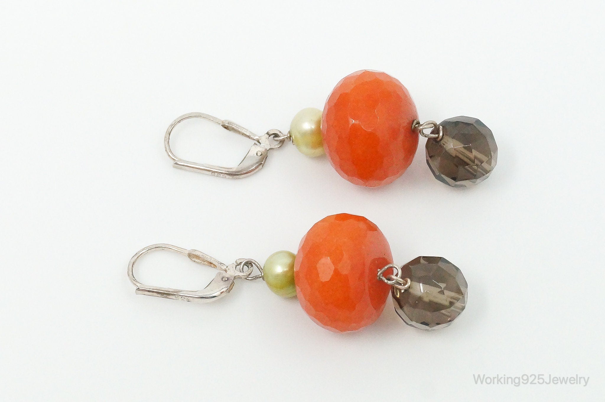 Vintage Carnelian Smoky Topaz Pearl Beads Sterling Silver Earrings