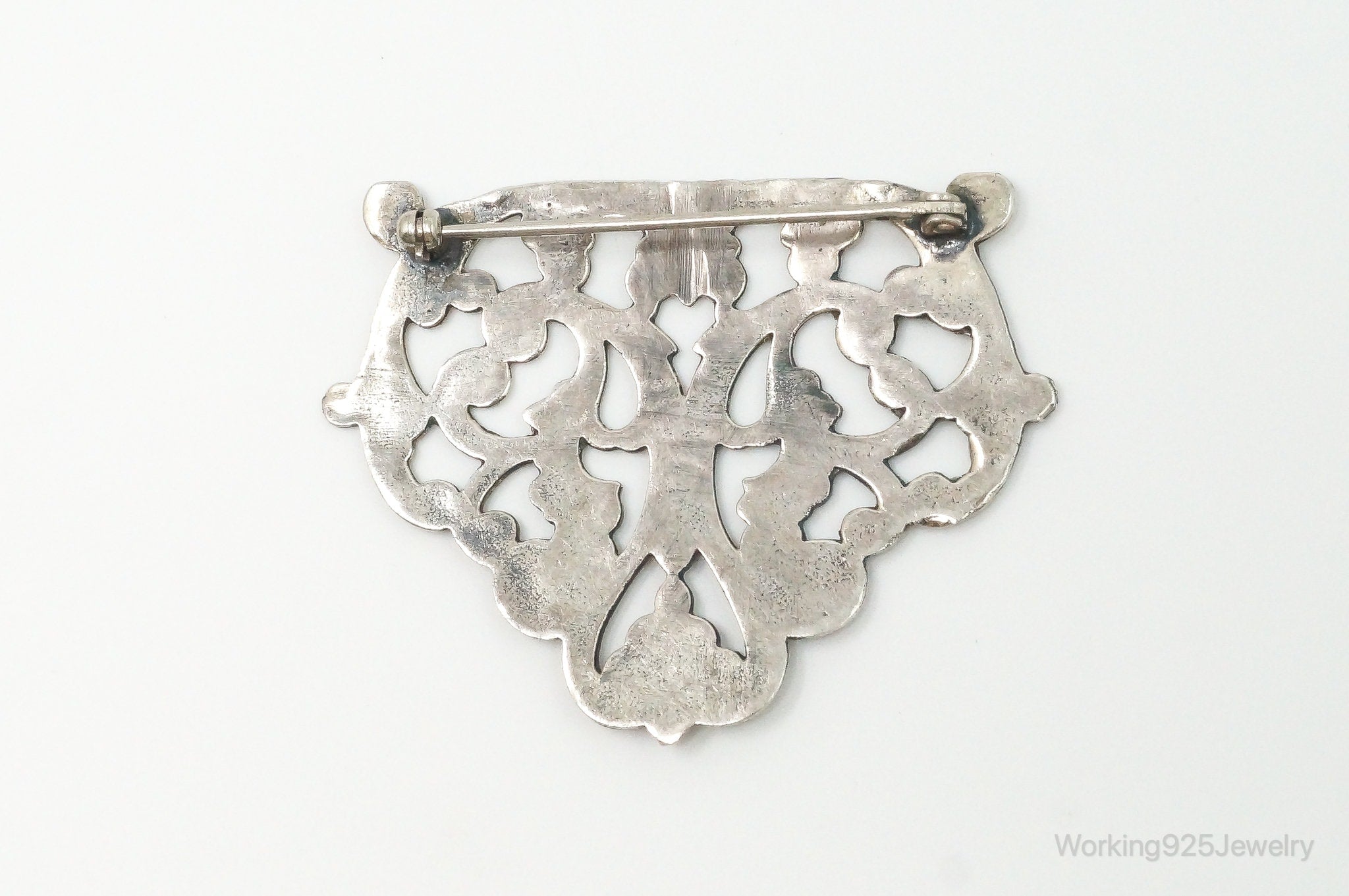 Large Antique Floral Motif Sterling Silver Brooch Pin
