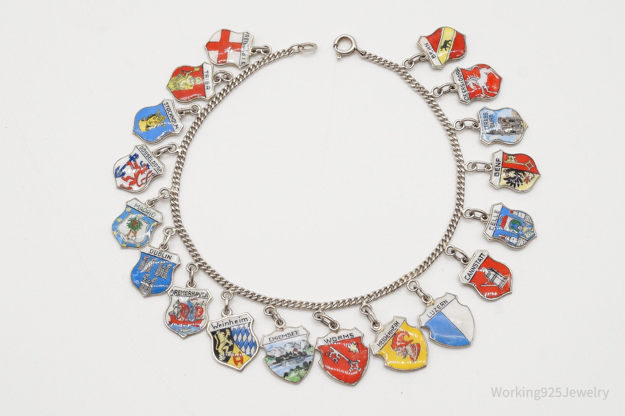 Antique Vintage Enamel Travel 800 / 835 Silver Charms Silver Bracelet