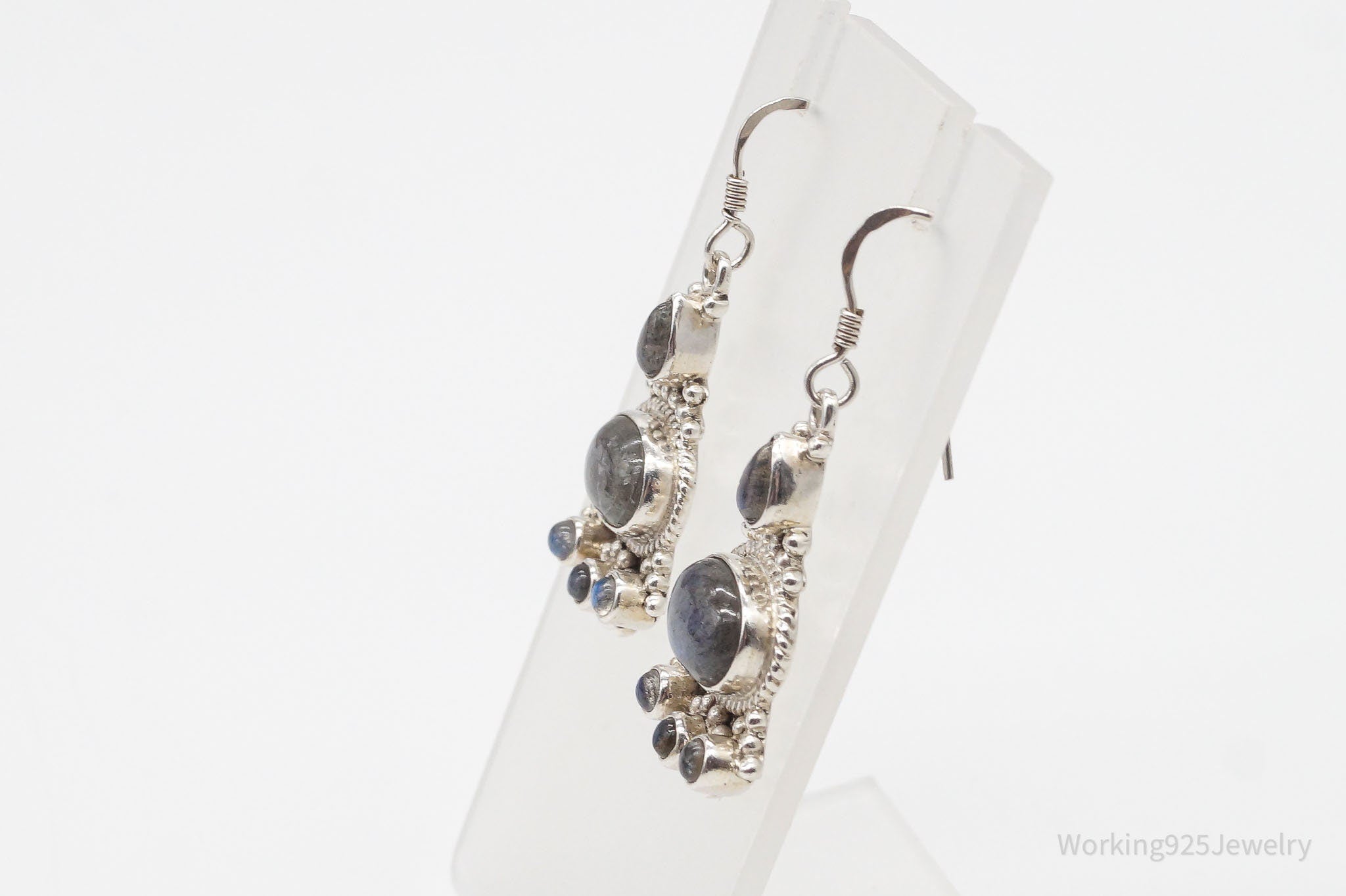 Vintage Labradorite Bali Inspired Filigree Sterling Silver Earrings