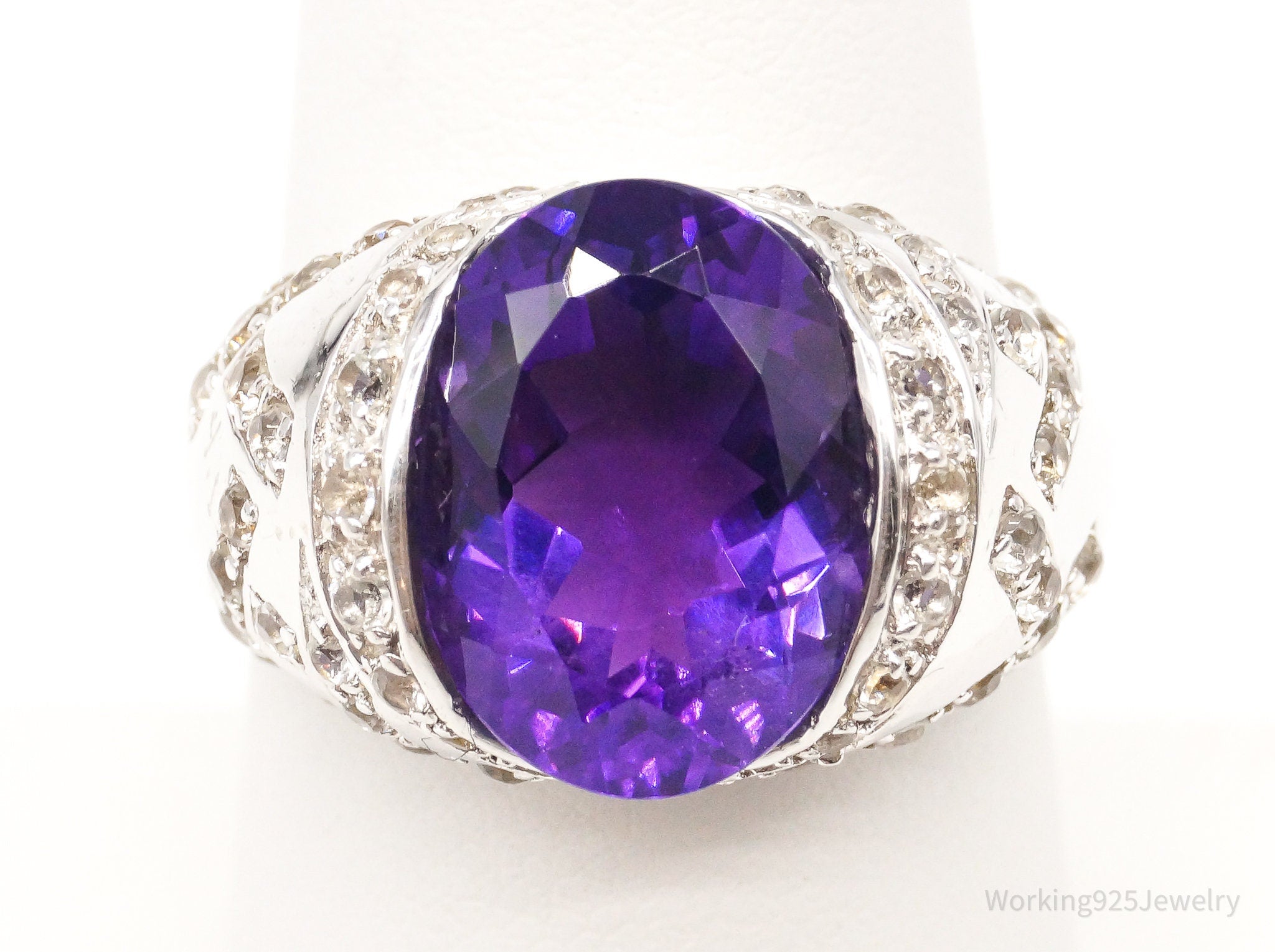 Vintage Large Amethyst Cubic Zirconia Sterling Silver Ring Size 7