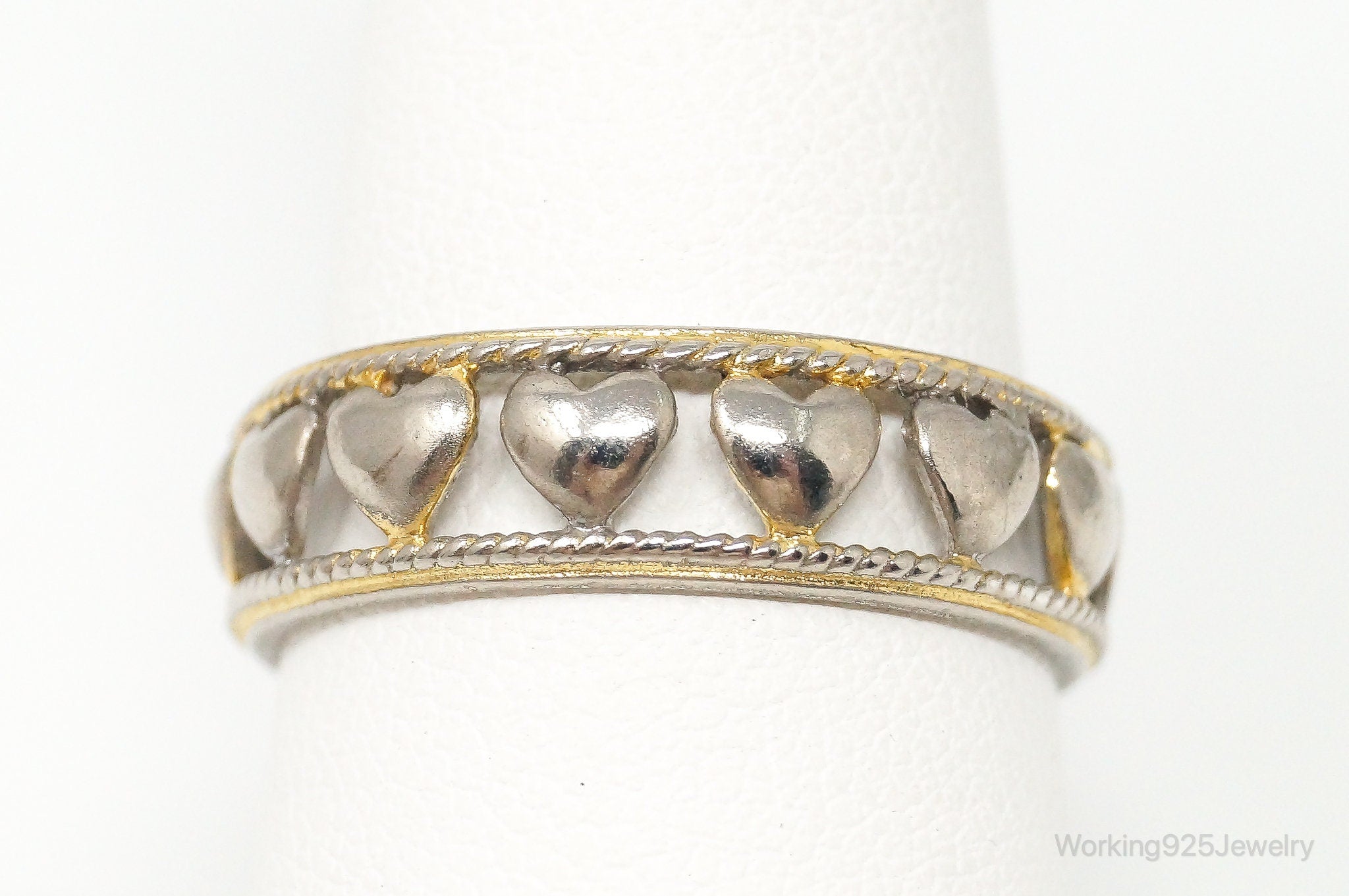 Vintage Heart Pattern Gold Wash Sterling Silver Band Ring - Size 9