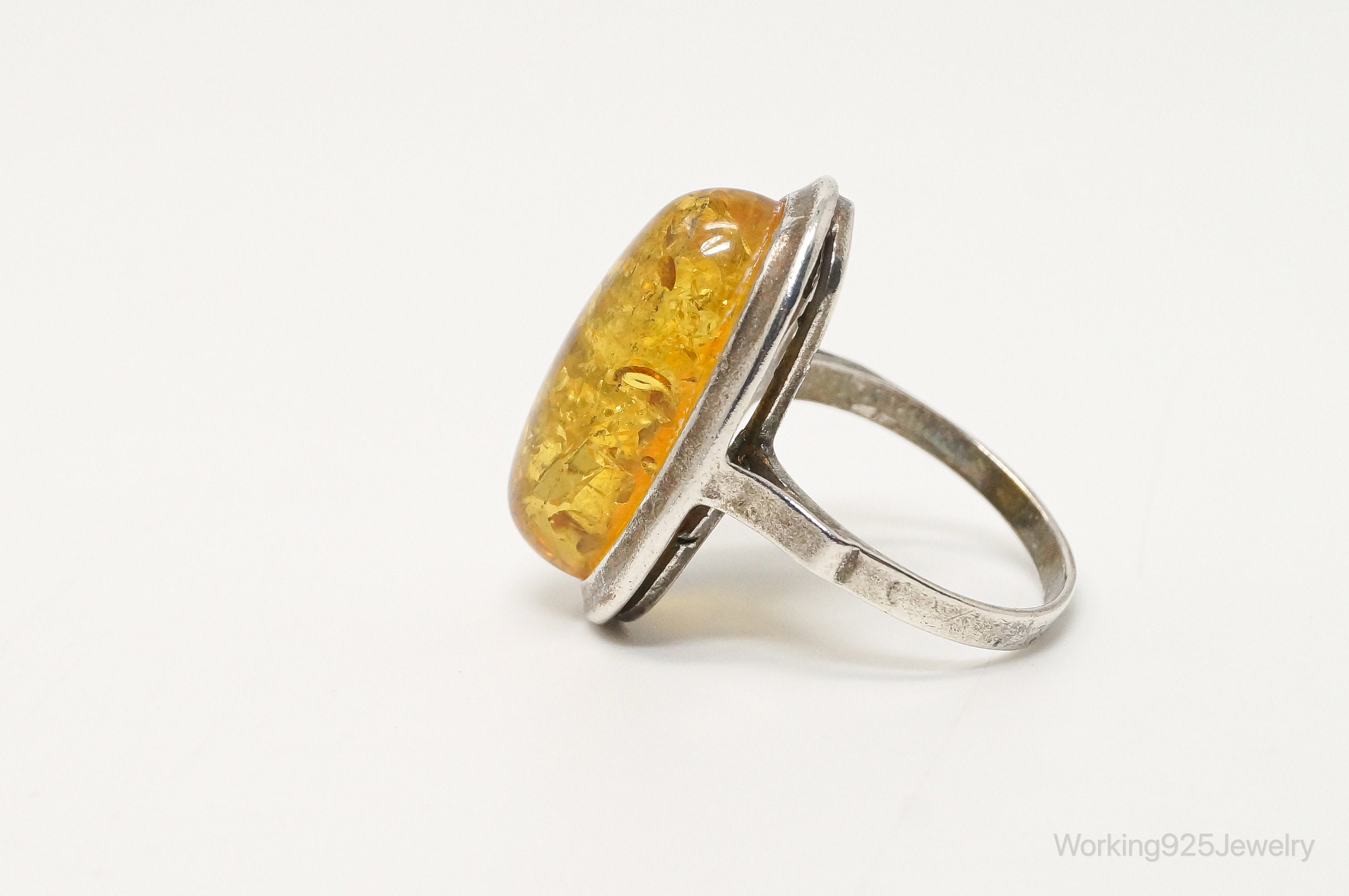 Vintage Large Amber Modern Sterling Silver Ring - Sz 7