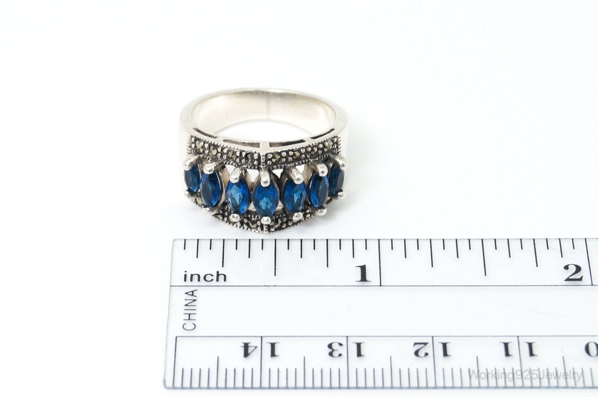 Vintage Art Deco Created Sapphire Marcasite Sterling Silver Ring Size 7.5