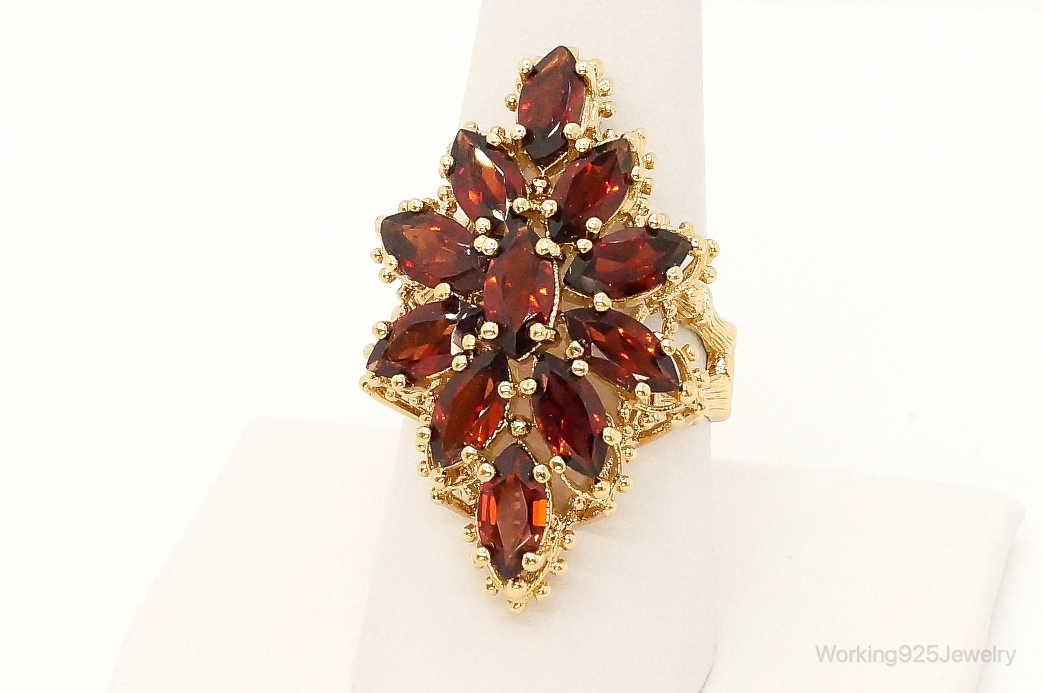 Vintage Garnet Cluster Gold Vermeil Sterling Silver Ring Size 8.75