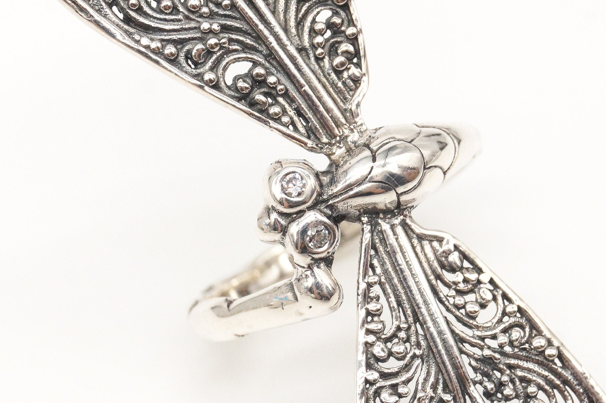 Vintage Cubic Zirconia Large Dragonfly Sterling Silver Ring - Size 7