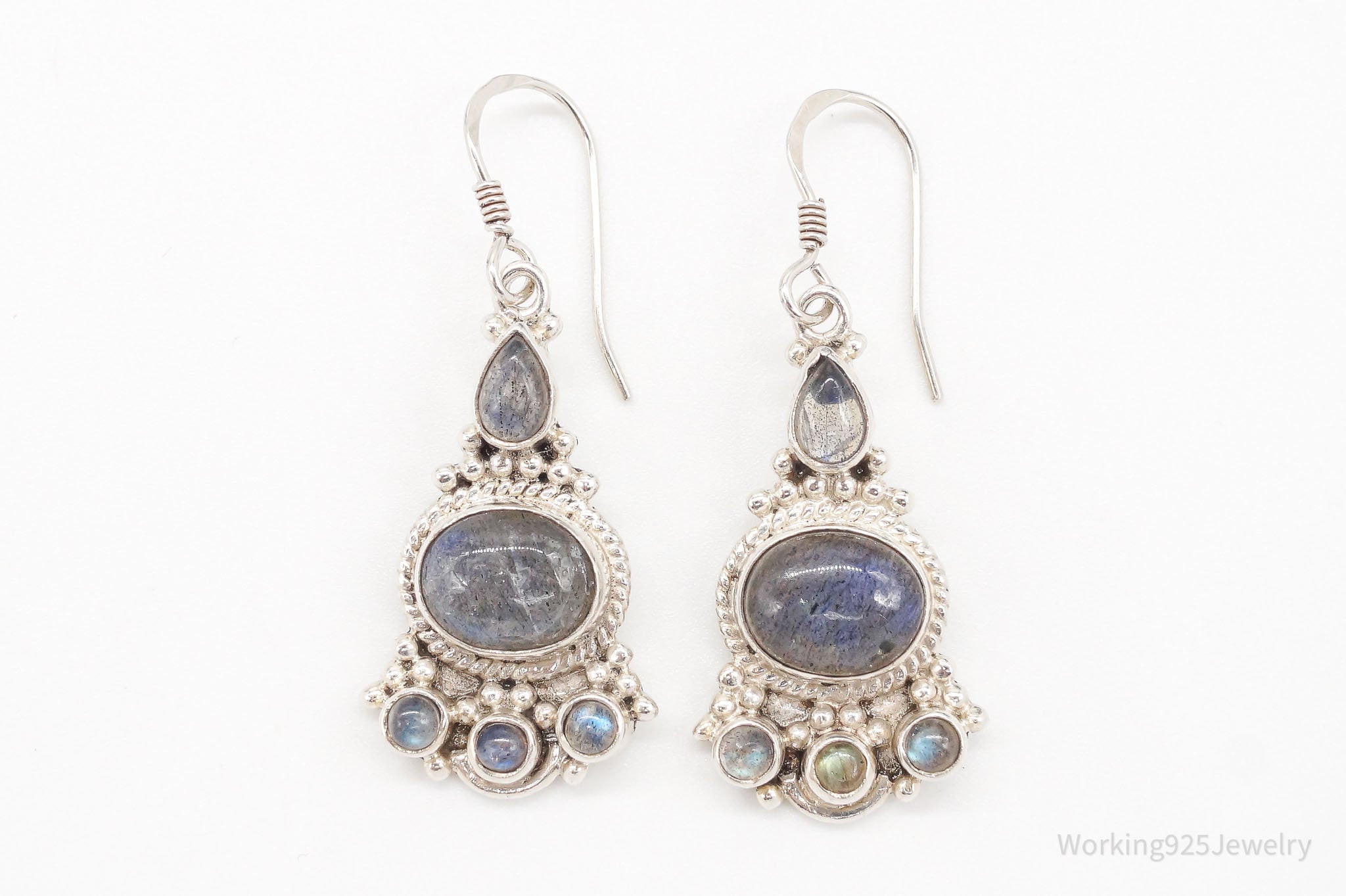 Vintage Labradorite Bali Inspired Filigree Sterling Silver Earrings