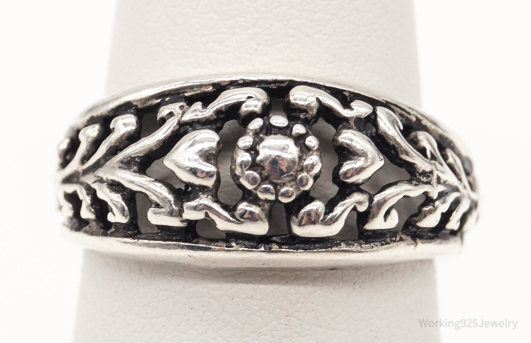 Vintage Hearts Filigree Bali Sterling Silver Band Ring - Size 6.75