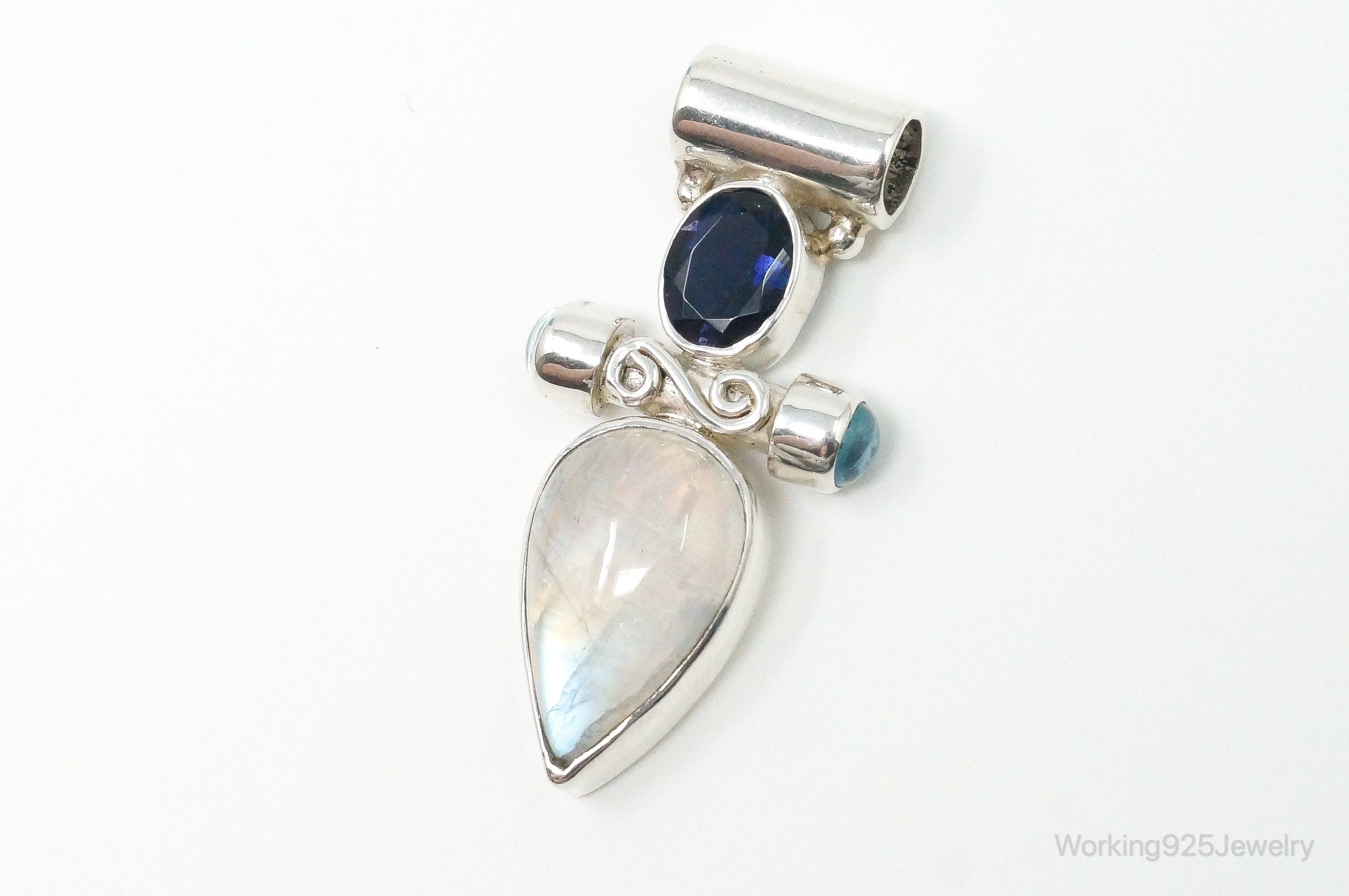 Large Vintage SJ Amethyst Blue Topaz Moonstone Sterling Silver Pendant