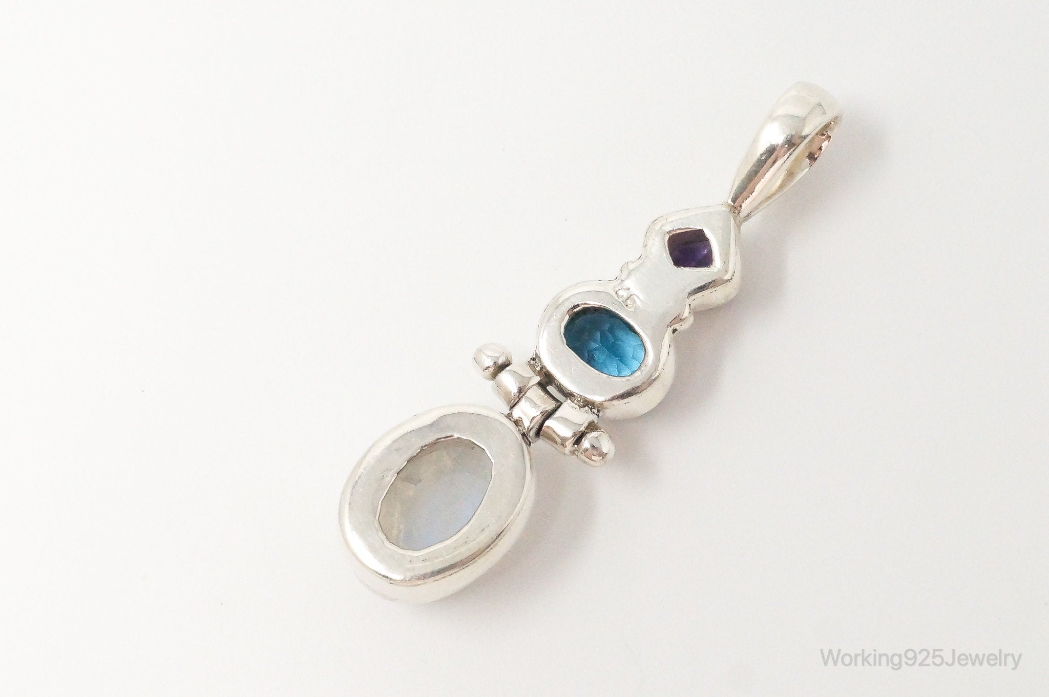 Large Vintage Blue Topaz Amethyst Moonstone Sterling Silver Pendant