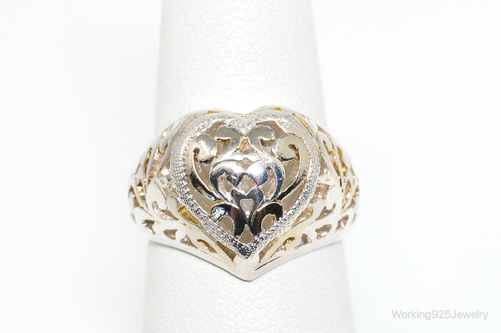 Vintage Designer SU Motif Cut Out Heart Gold Wash Sterling Silver Ring - SZ 7