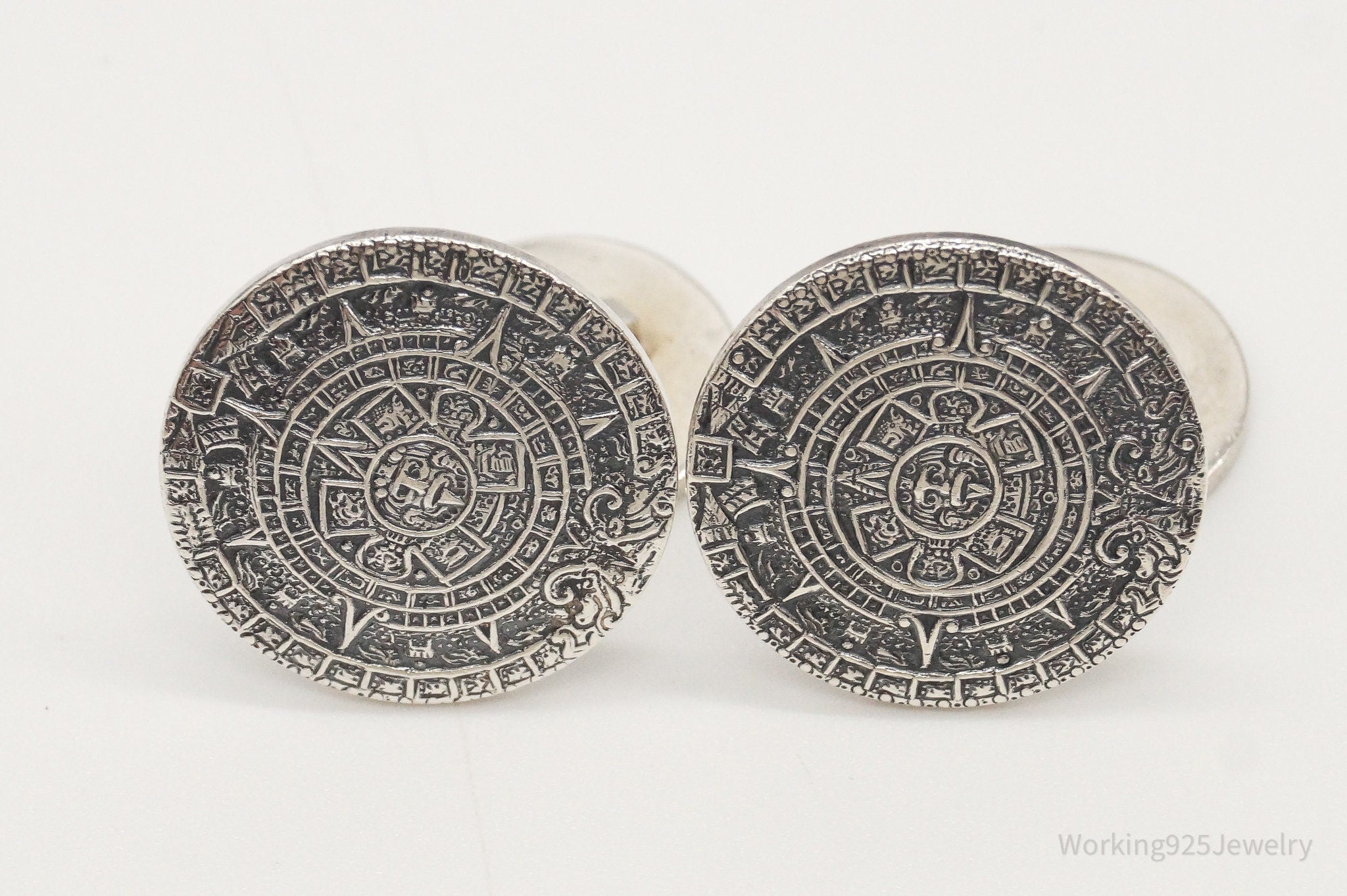 Large Vintage Mexico Mayan Calendar Sterling Silver Cufflinks