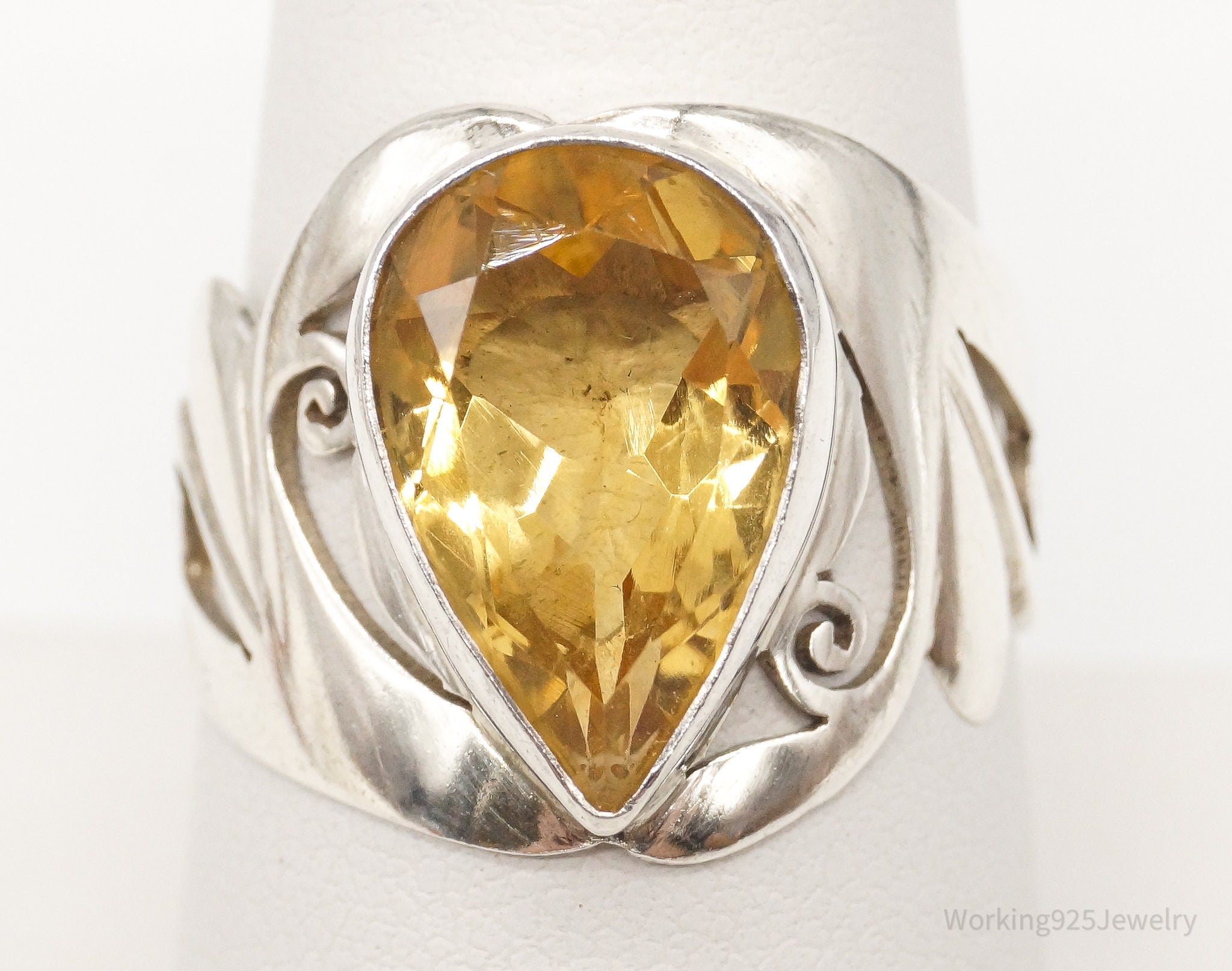 Vintage Large Citrine Sterling Silver Ring - Size 8.5