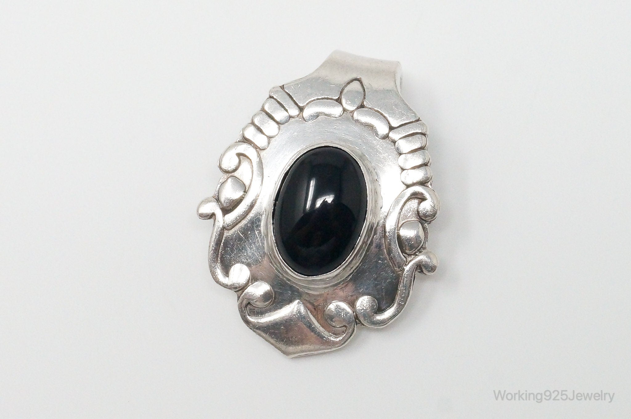 Large Vintage Mexico Black Onyx Art Deco Sterling Silver Pendant