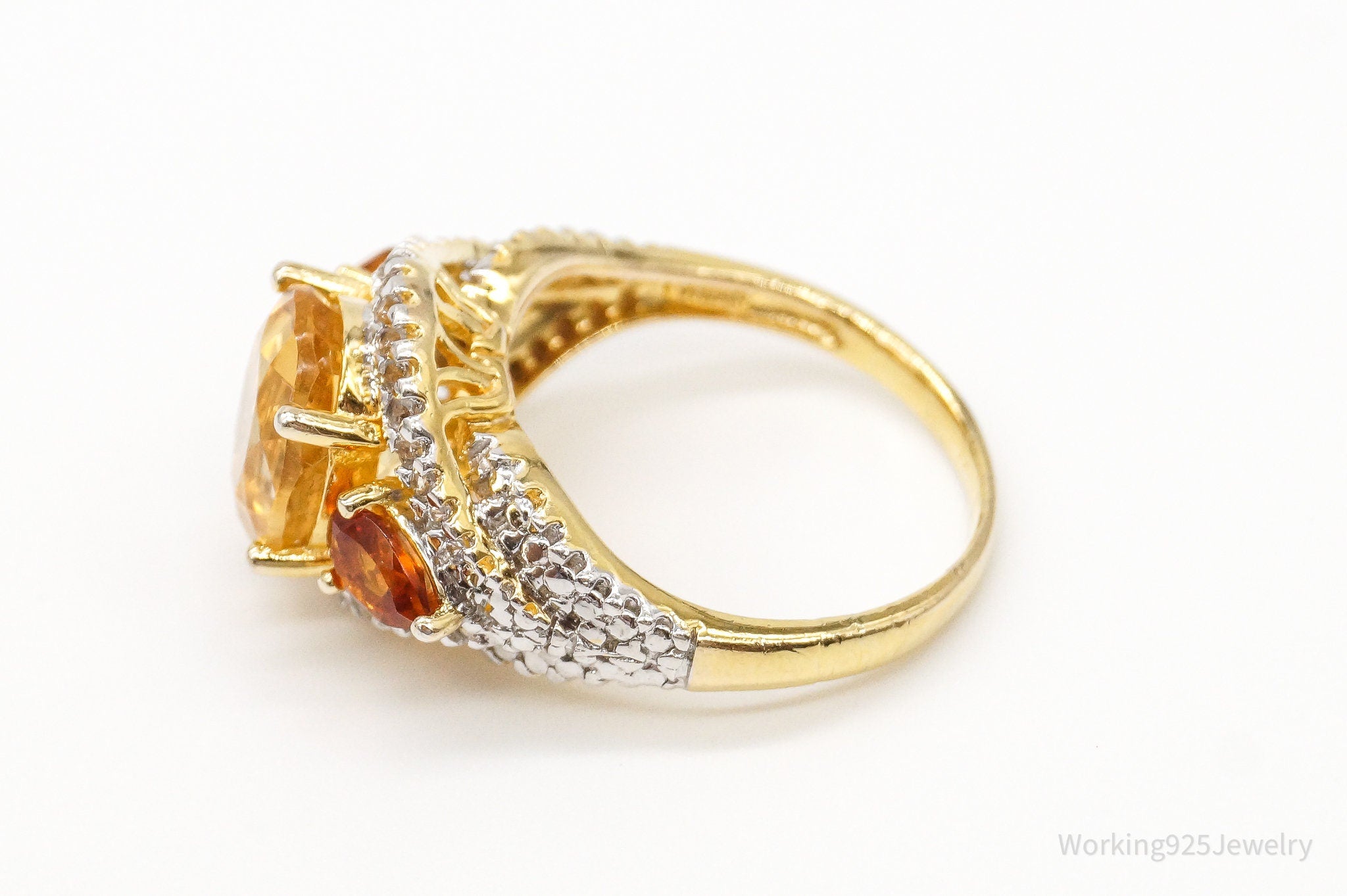 Designer Citrine Cubic Zirconia Gold Vermeil Sterling Silver Ring Size 8