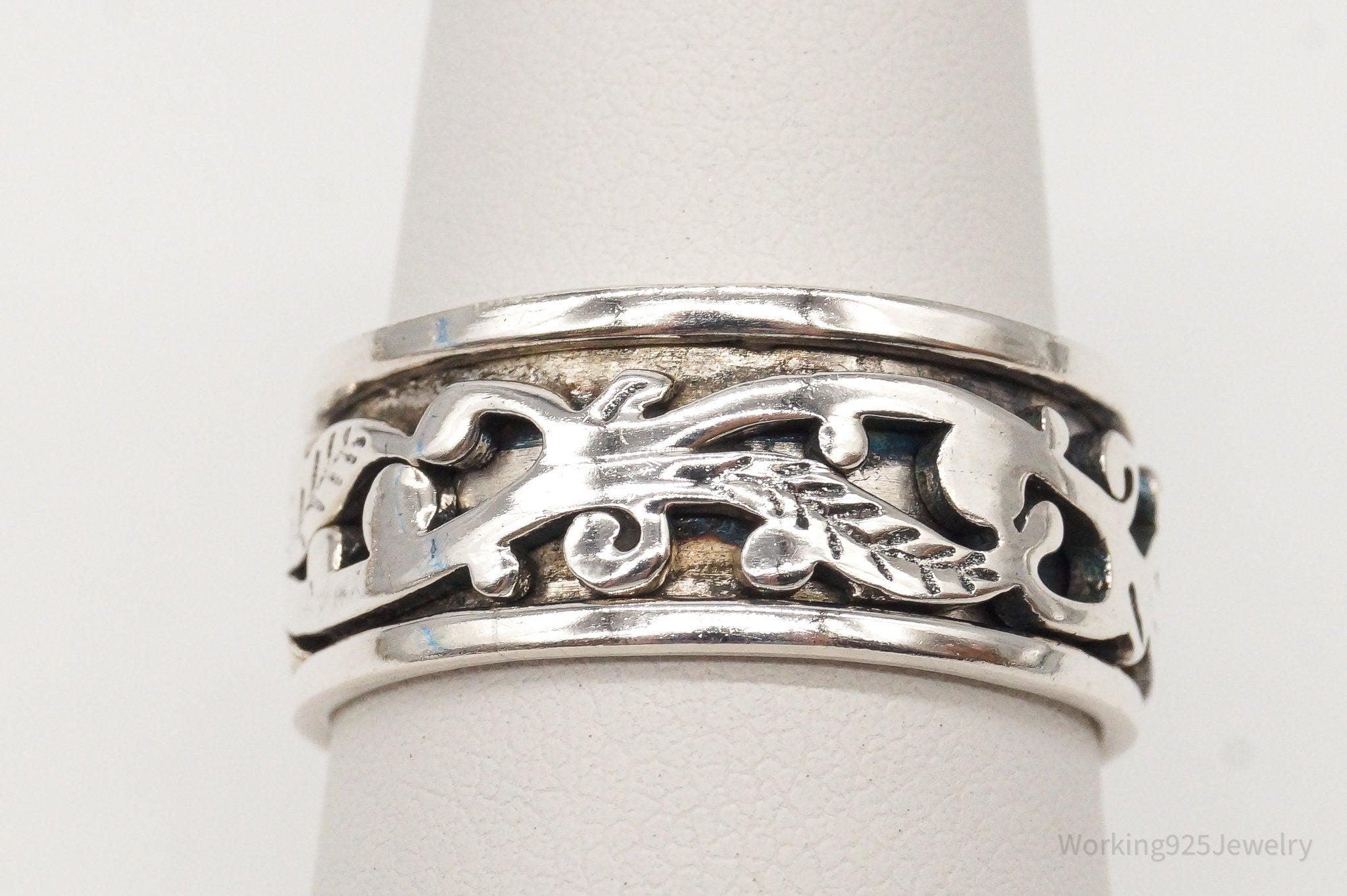 Vintage Floral Leaf Sterling Silver Spinner Ring - Size 8.25