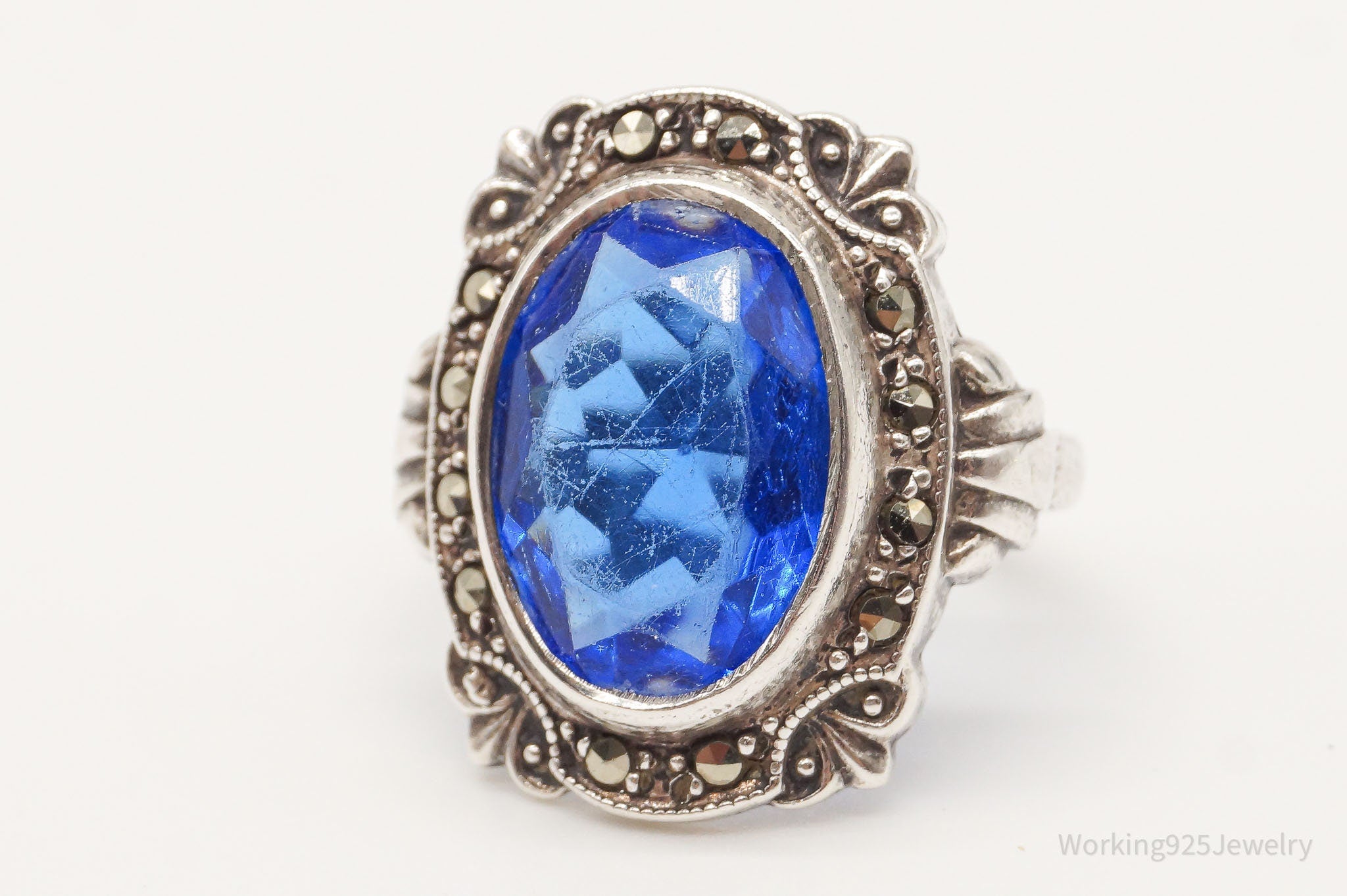 Antique Designer Uncas Blue Glass Marcasite Sterling Silver Ring - Size 5.25