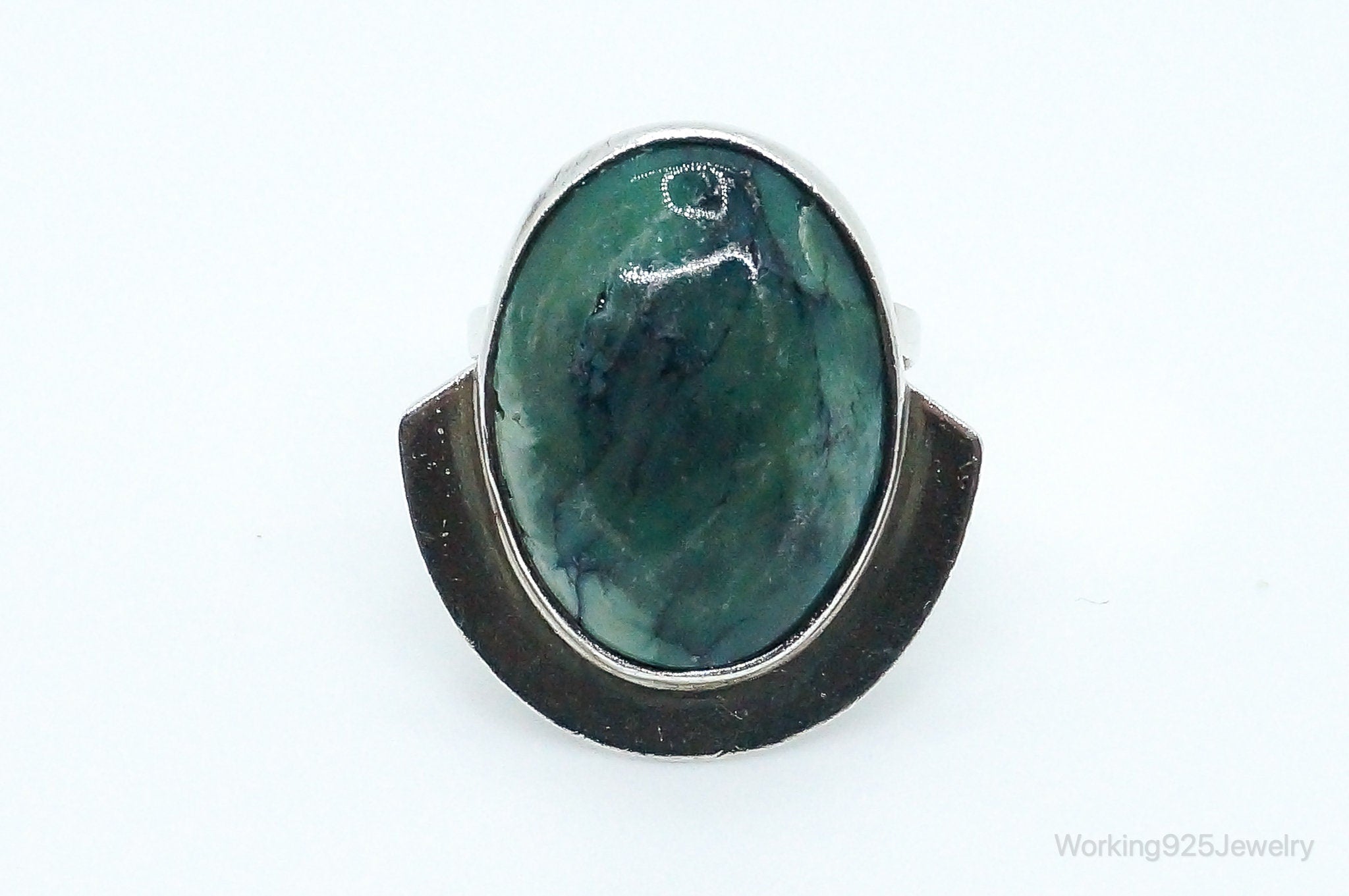 Vintage Green Agate Sterling Silver Ring - Size 8.25