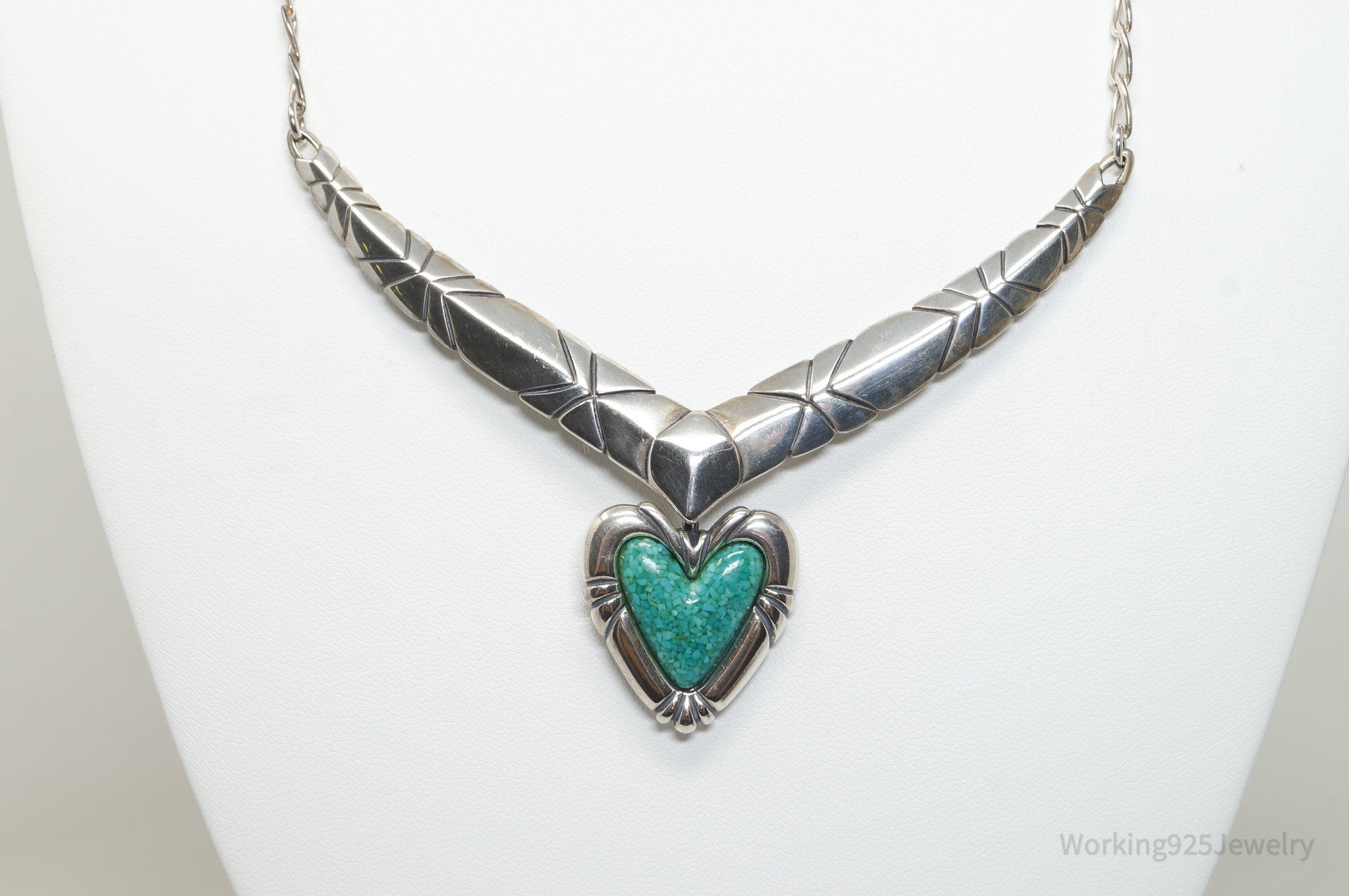 Vintage Designer Carolyn Pollack Turquoise Heart Sterling Silver Necklace